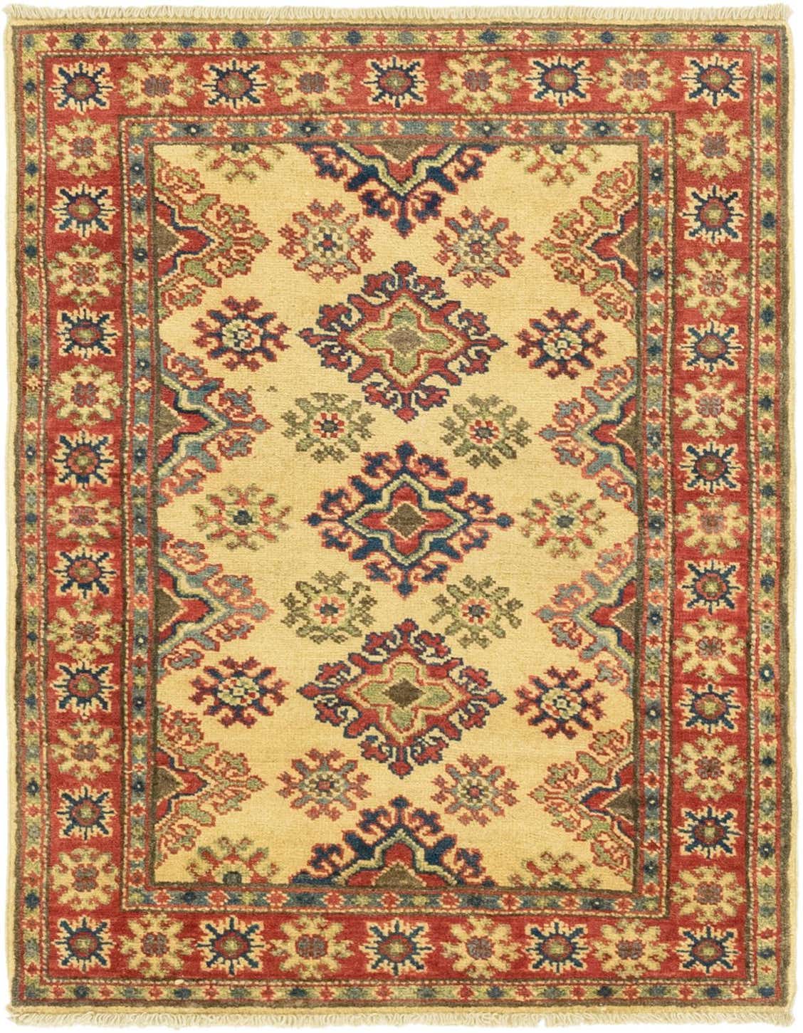 A 3x4 rectangular ivory and red tribal rug with intricate oriental patterns, suitable for indoor spaces.