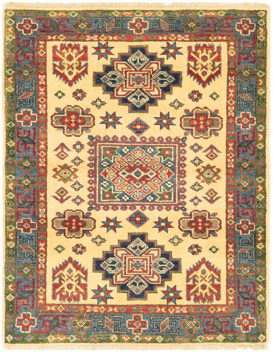 A 3x4 rectangular ivory tribal rug with a central medallion and geometric patterns in red, blue, and green.