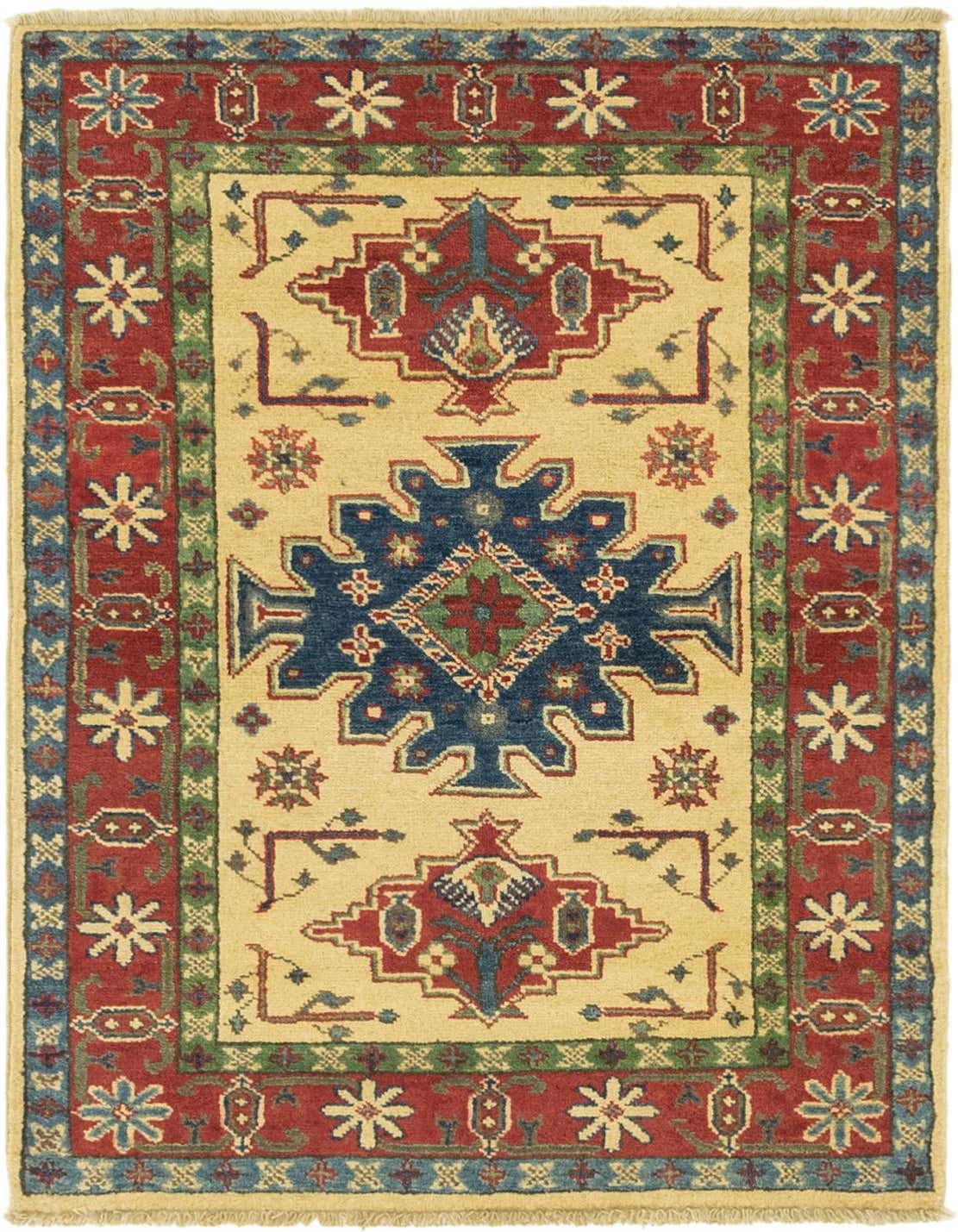 A 3x4 rectangular ivory tribal rug with a central blue medallion and red and green accents, featuring a traditional oriental pattern.