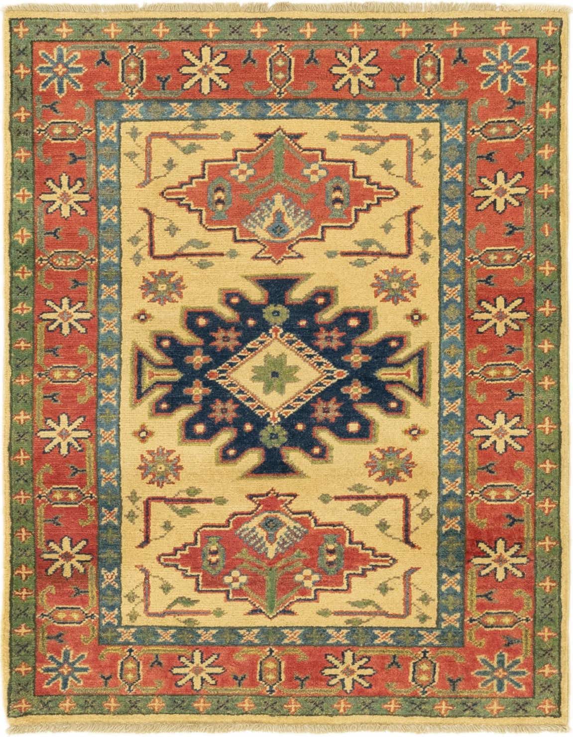 A 3x4 rectangular ivory and cream tribal rug with a bold navy and red central medallion and intricate border.