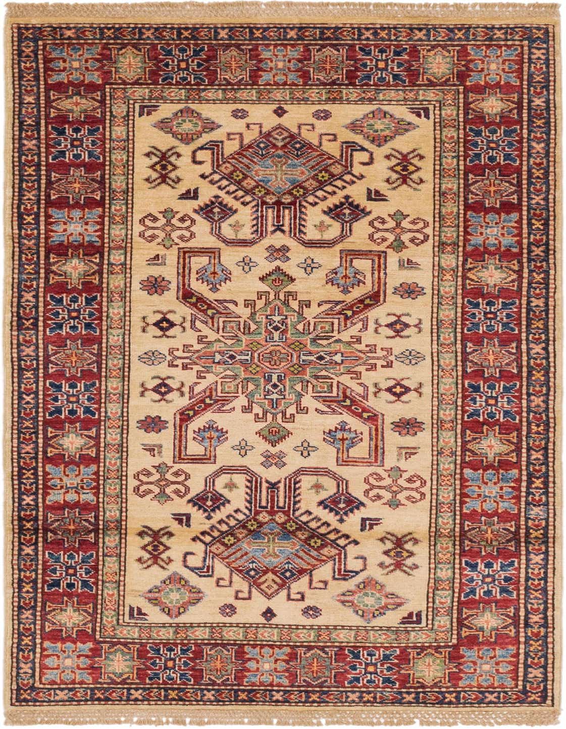 A 3x5 rectangular ivory and cream rug with a traditional Southwestern tribal medallion pattern in red, blue, and green.
