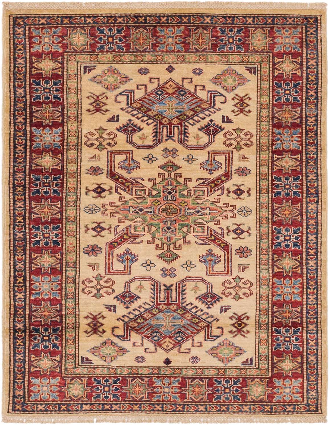 A 3x5 rectangular ivory Kazak rug with a traditional tribal medallion pattern in red, blue, and green.