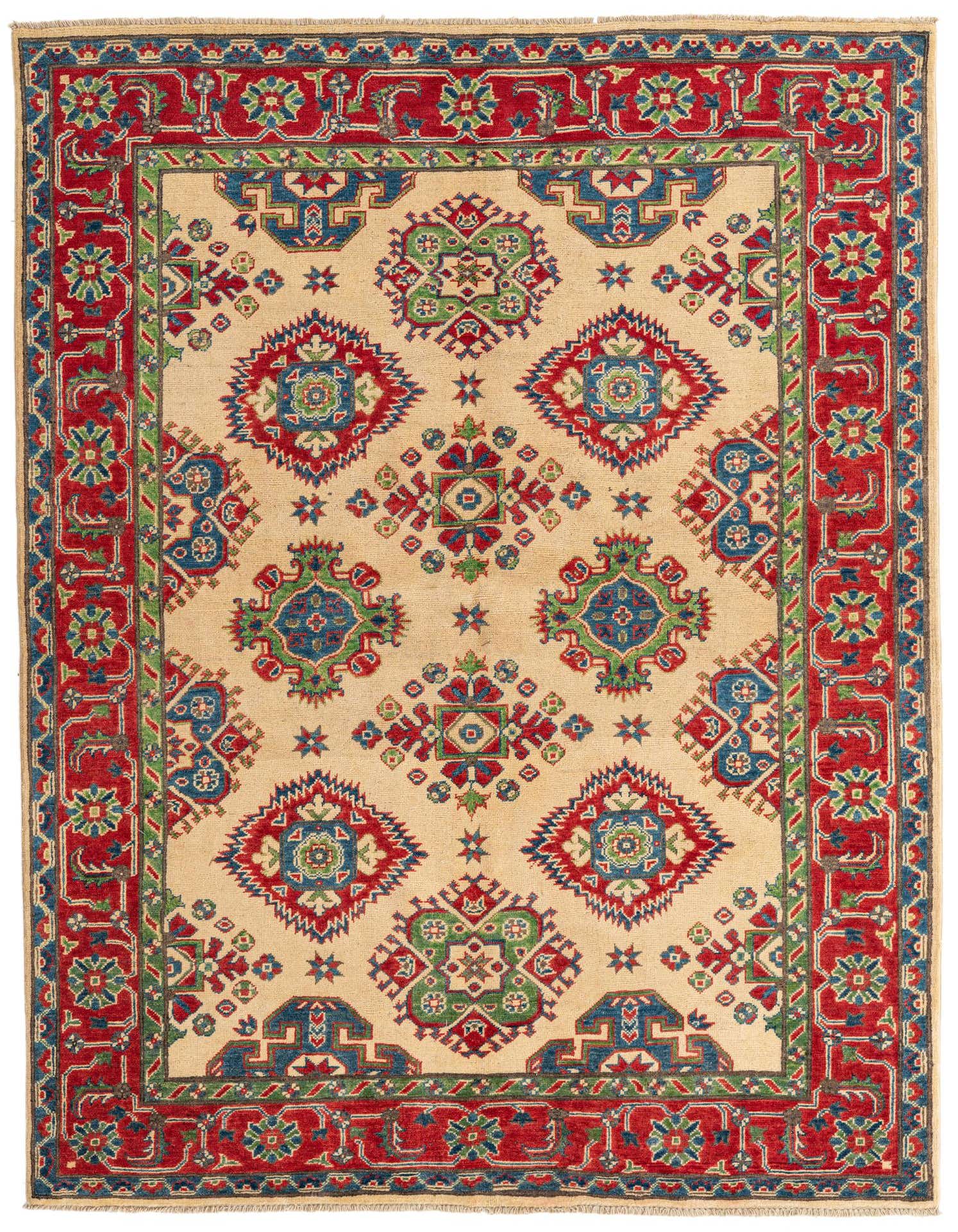 A 5x8 rectangular Kazak rug with an ivory field, featuring traditional Southwestern and Oriental patterns in red, blue, and green.