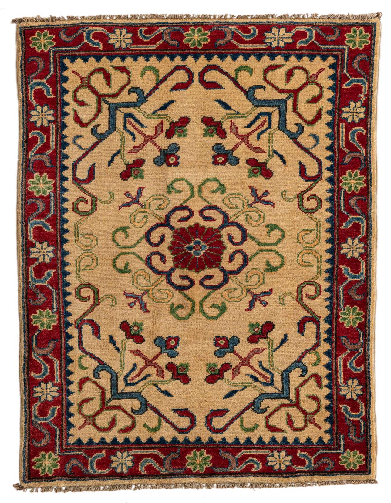 A 3x4 rectangular ivory rug with a red border and traditional Southwestern medallion pattern, handmade from wool.