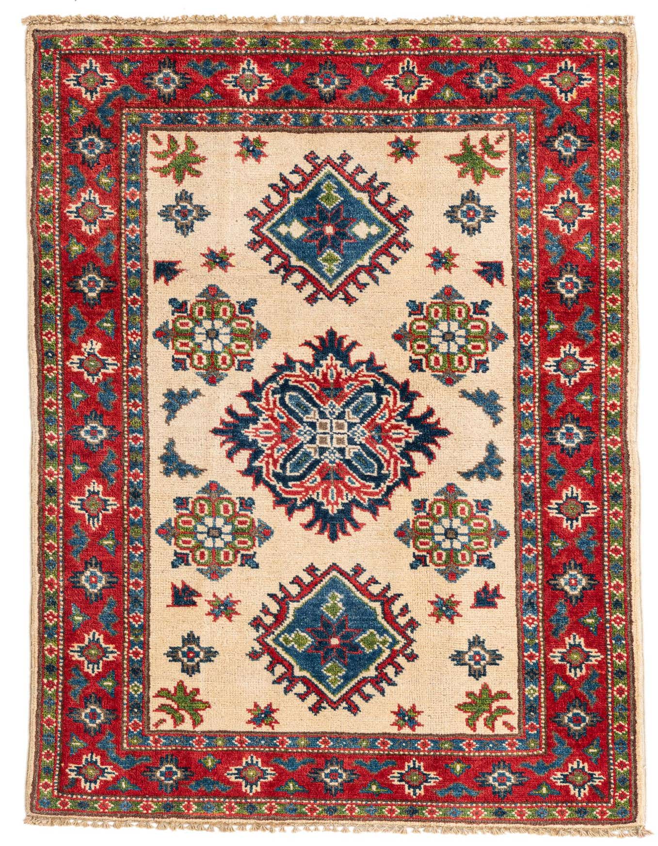 A 3x4 rectangular ivory rug with a red border and traditional Southwestern medallion patterns in blue, red, and green.