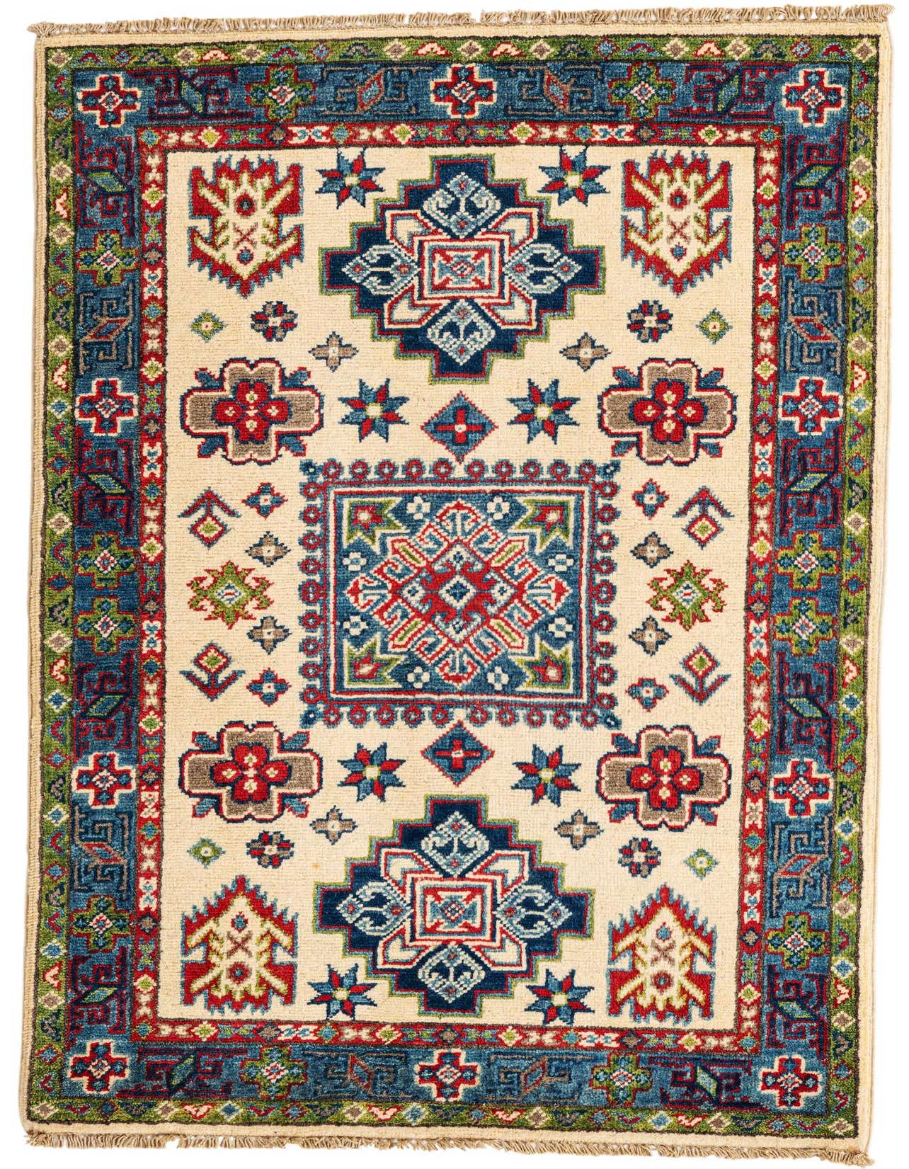 A 3x4 rectangular ivory rug with a traditional Southwestern medallion pattern in red, blue, and green, featuring a thin pile and fringed edges.