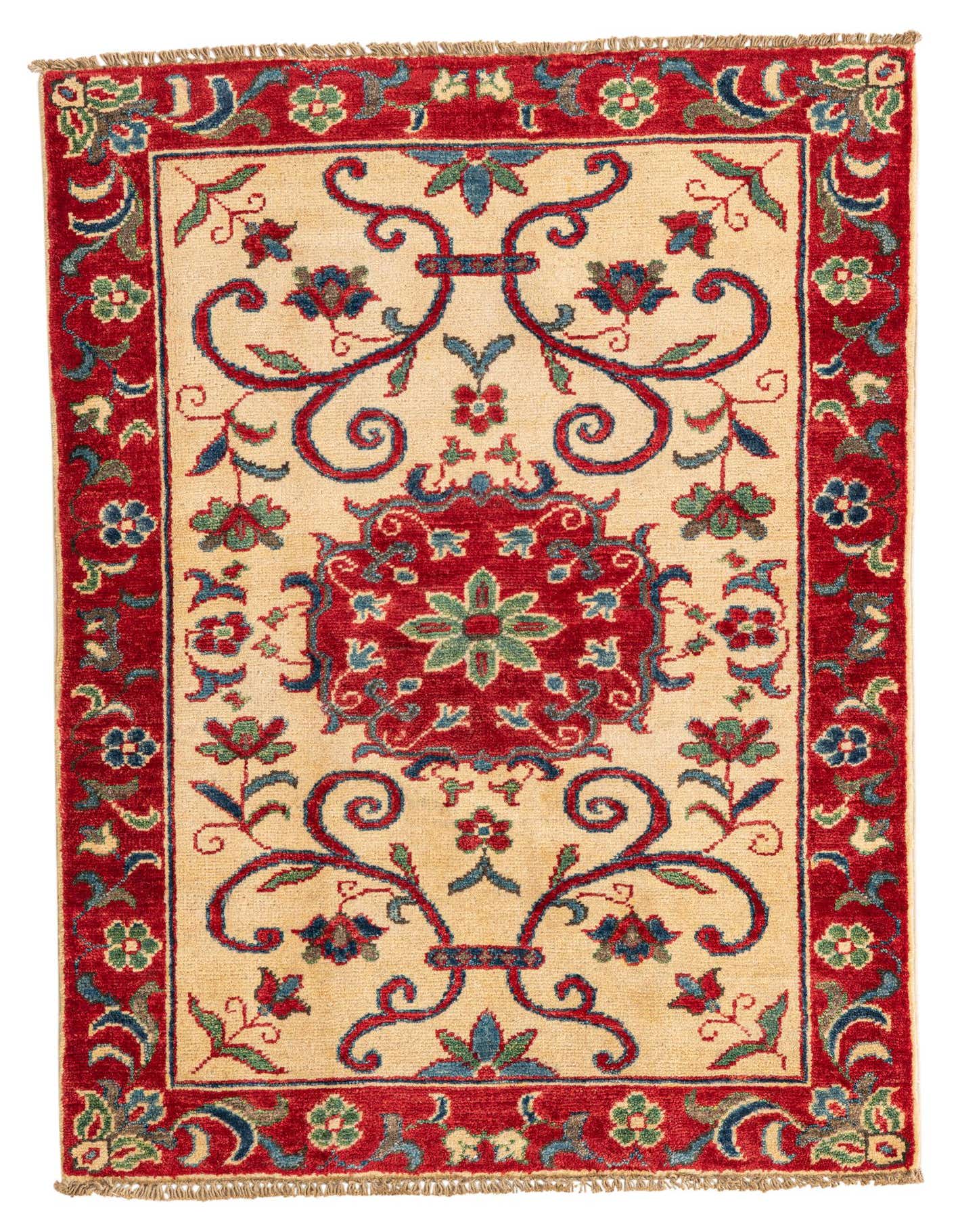 A 3x4 rectangular ivory and red traditional wool rug with a central medallion and floral border.