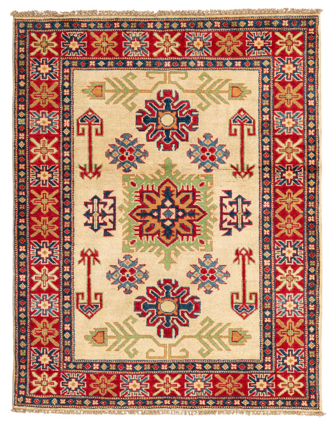 A 3x5 rectangular ivory rug with a traditional Southwestern medallion pattern and a red border, handmade from wool.