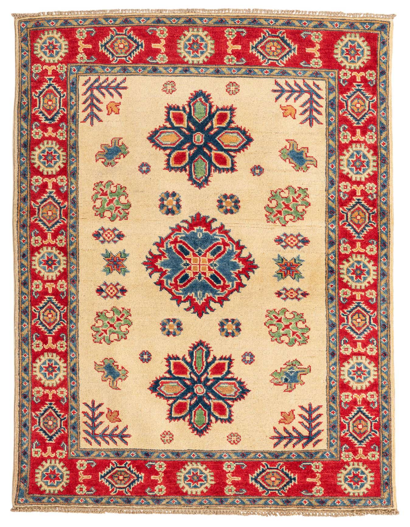 A 3x5 rectangular ivory rug with a traditional Southwestern medallion pattern and a bold red border.