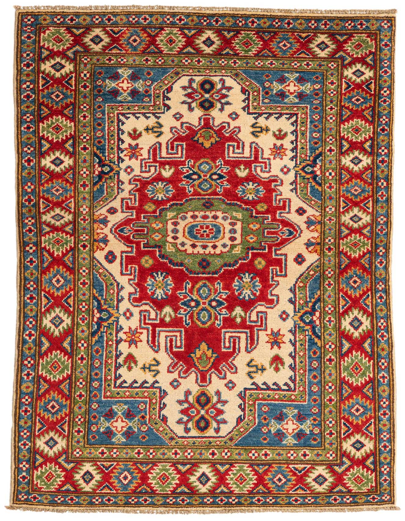 A 3x5 rectangular ivory and red traditional Kazak rug with intricate medallion and geometric patterns, perfect for an entryway.