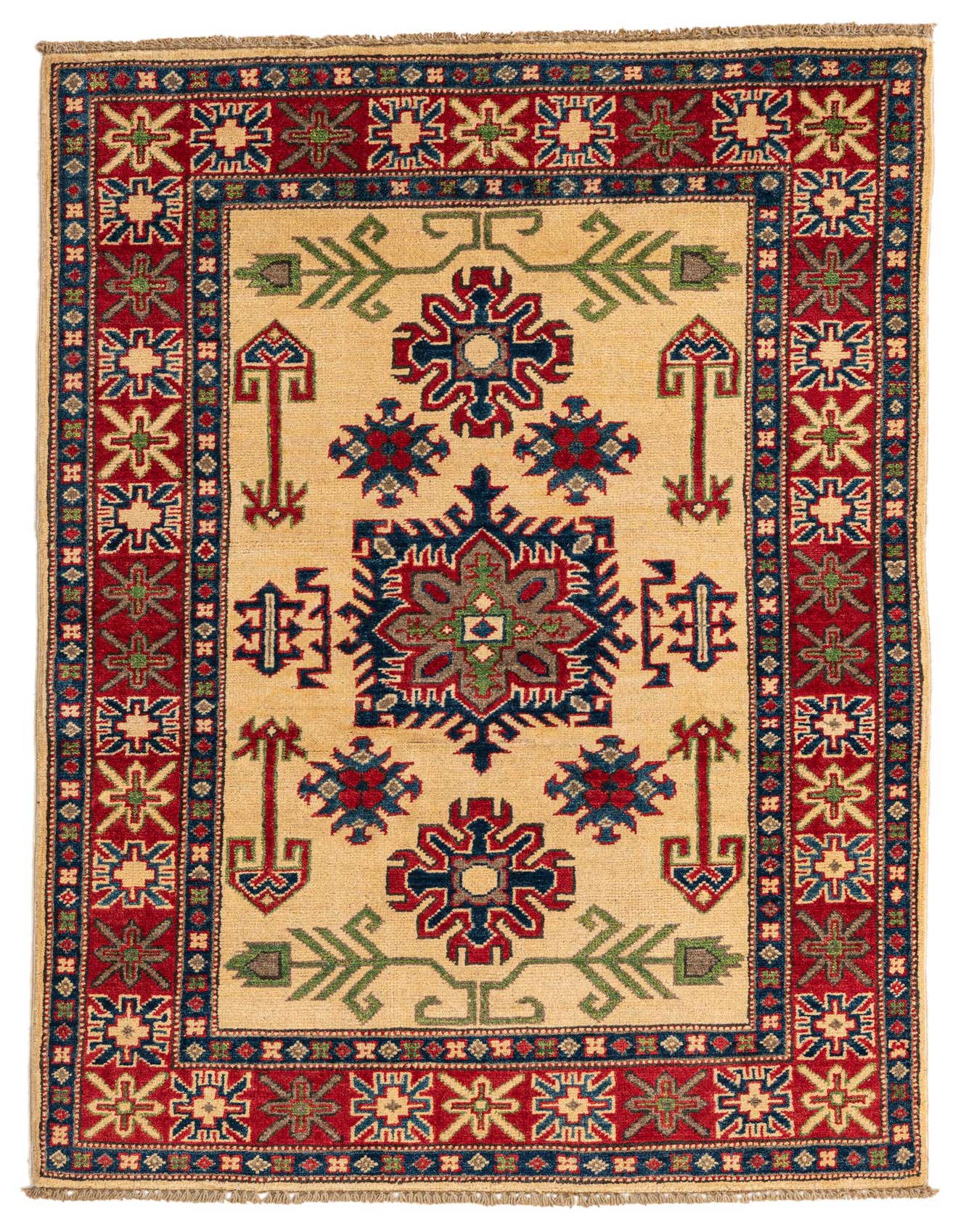 A 3x5 rectangular ivory rug with a traditional medallion pattern in red, blue, and green, perfect for an entryway.