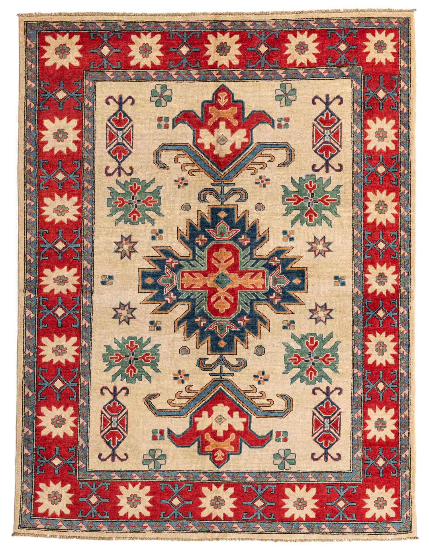 A 6x9 rectangular ivory wool rug with a traditional Southwestern medallion pattern in red, blue, and green.