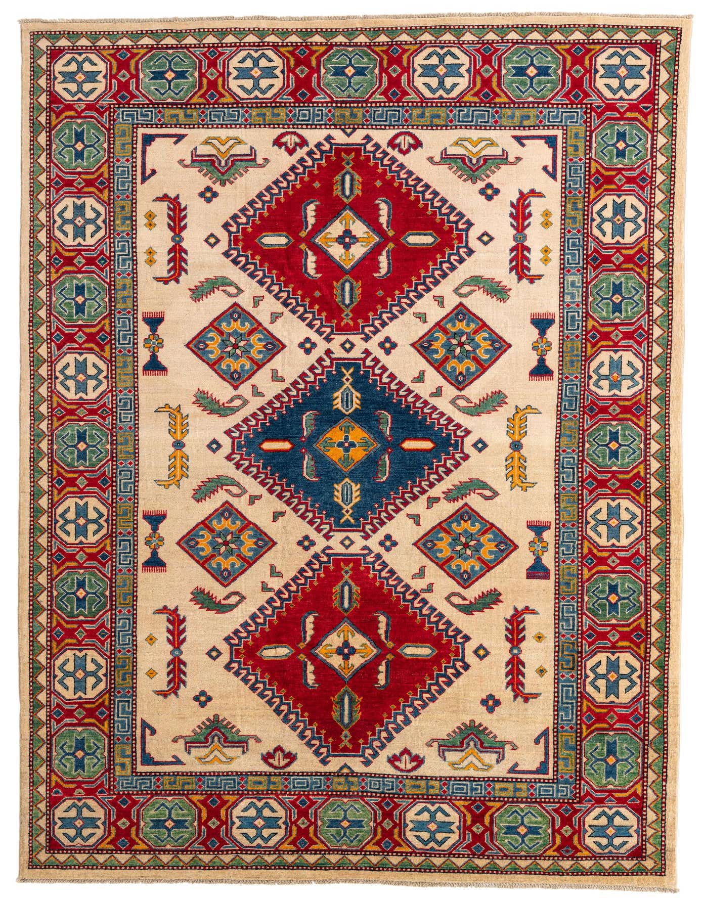 A 6x9 rectangular Kazak rug with an ivory background, featuring a bold red and blue medallion pattern and intricate traditional borders.