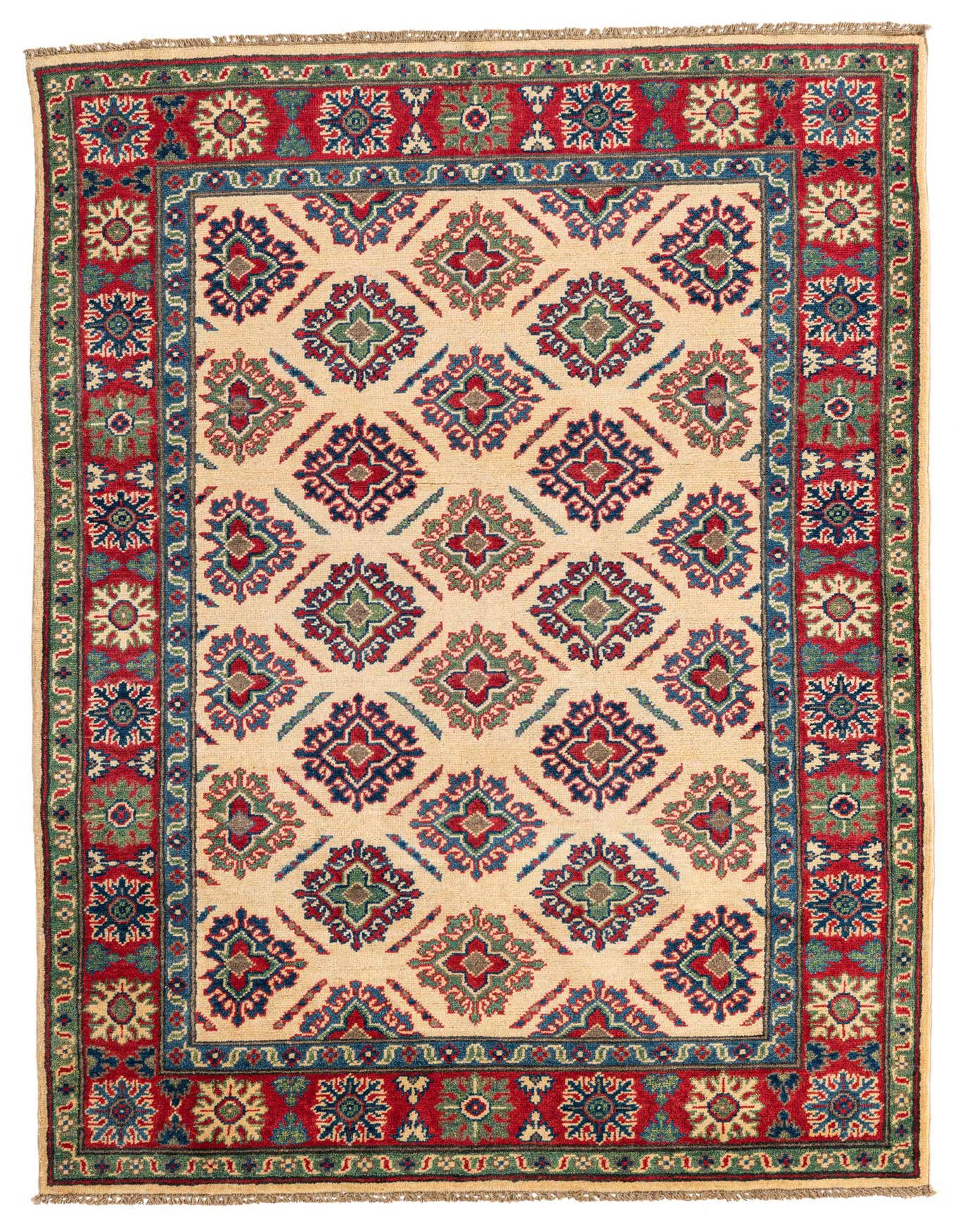 A 4x6 rectangular ivory rug with a traditional Southwestern pattern in red, blue, and green, featuring a bold border.