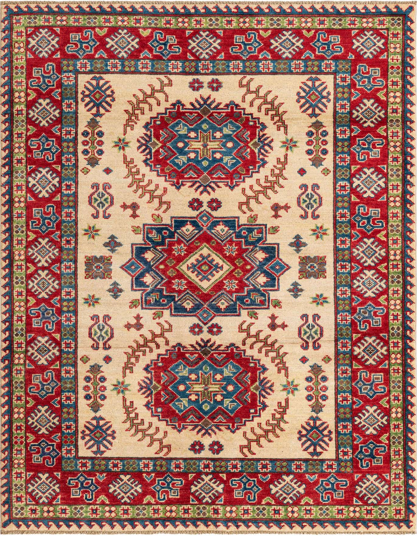 A 4x6 rectangular ivory rug with a traditional Southwestern medallion pattern in red, blue, and green, perfect for a living room.