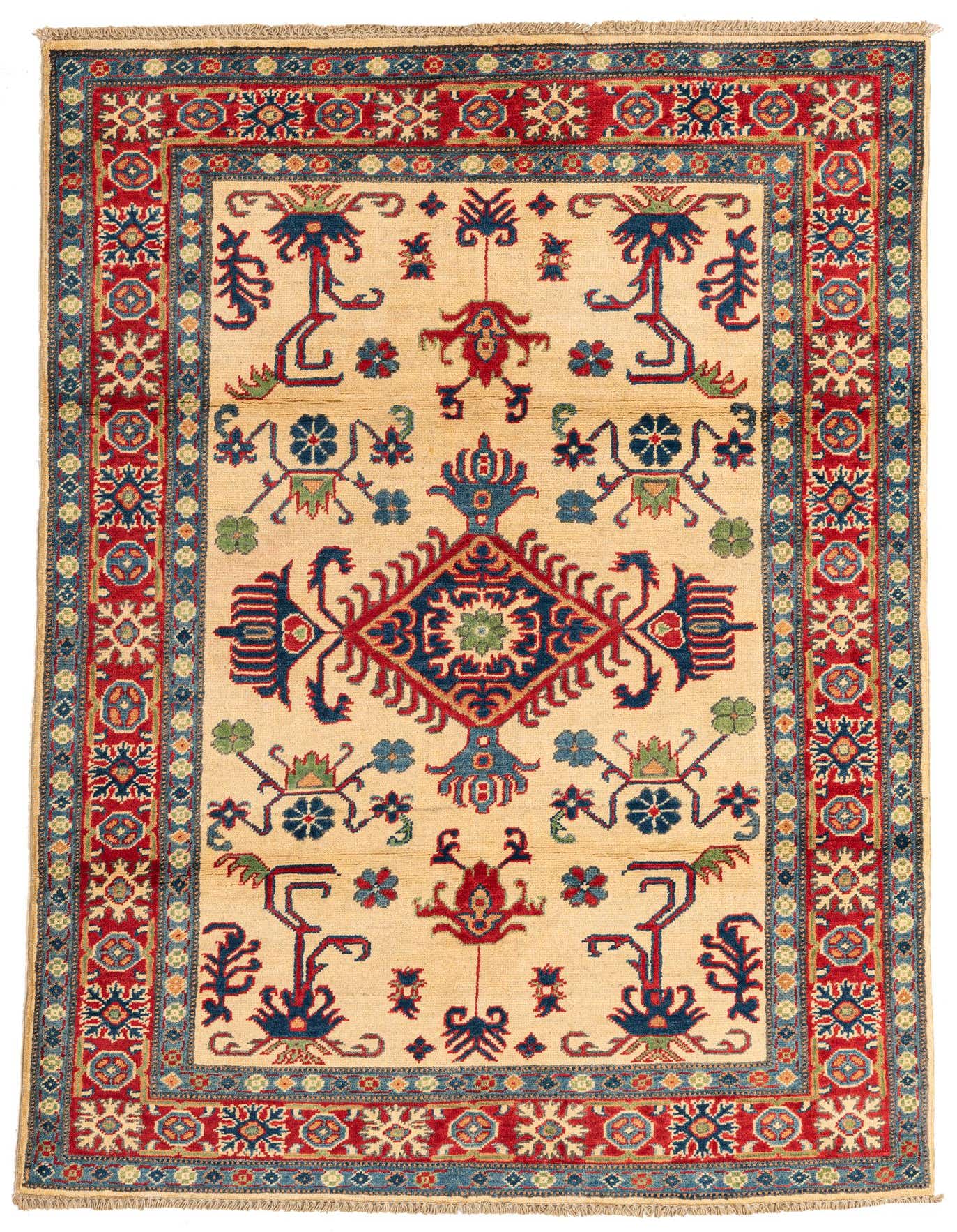 A 4x6 rectangular ivory rug with a traditional Southwestern medallion pattern in red, blue, and green.
