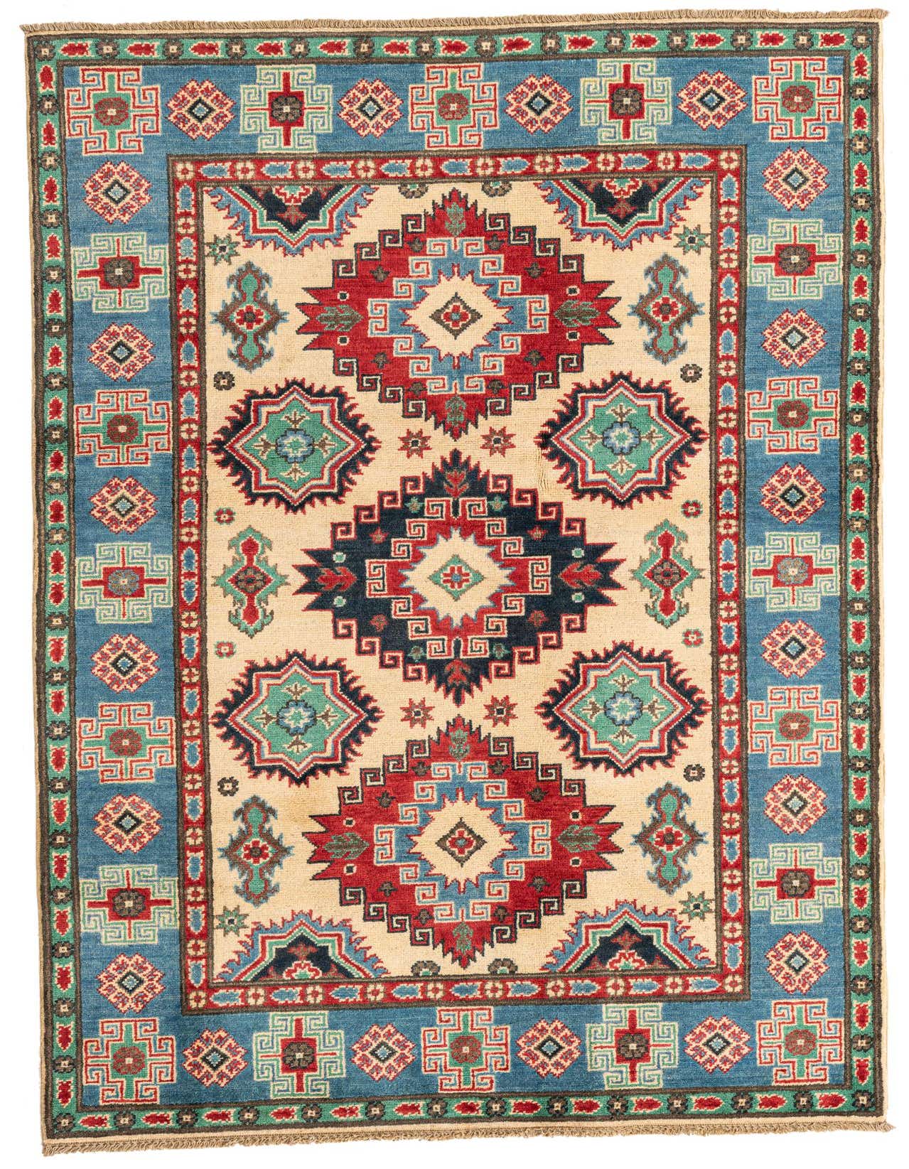 A 4x6 rectangular ivory rug with a traditional Southwestern pattern in red, blue, and green, featuring geometric medallions and a wide blue border.