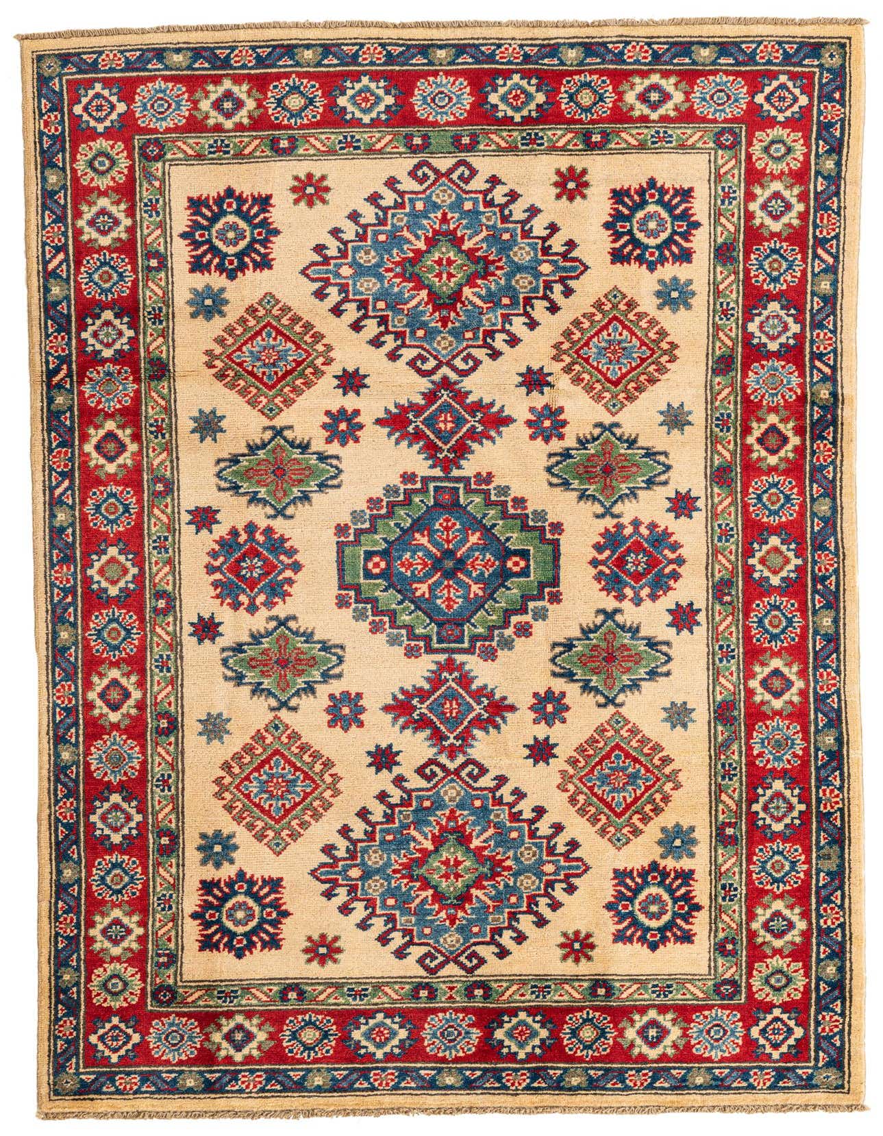 A 4x6 rectangular ivory rug with a traditional Southwestern medallion pattern in red, blue, and green, featuring a bold red border.
