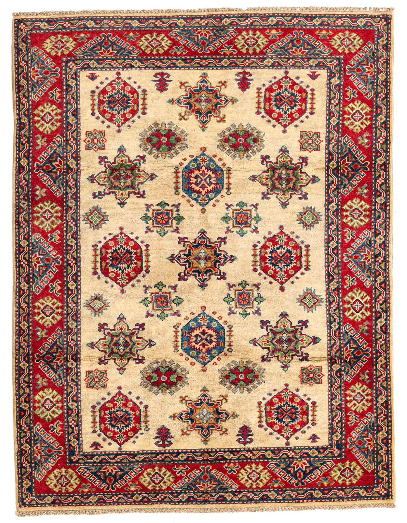 A 4x6 rectangular ivory rug with a red border and colorful traditional Southwestern geometric patterns, suitable for a living room.