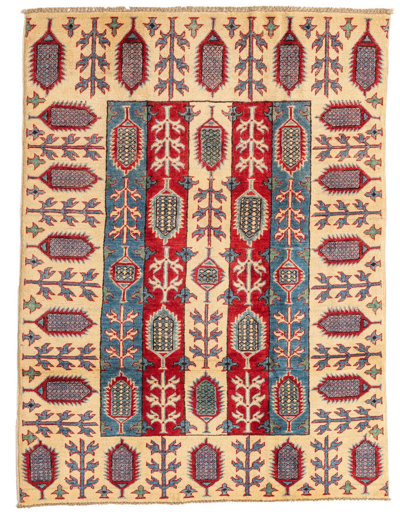 A 4x6 rectangular ivory, red, and blue Kazak rug with traditional Southwestern patterns, suitable for a living room.