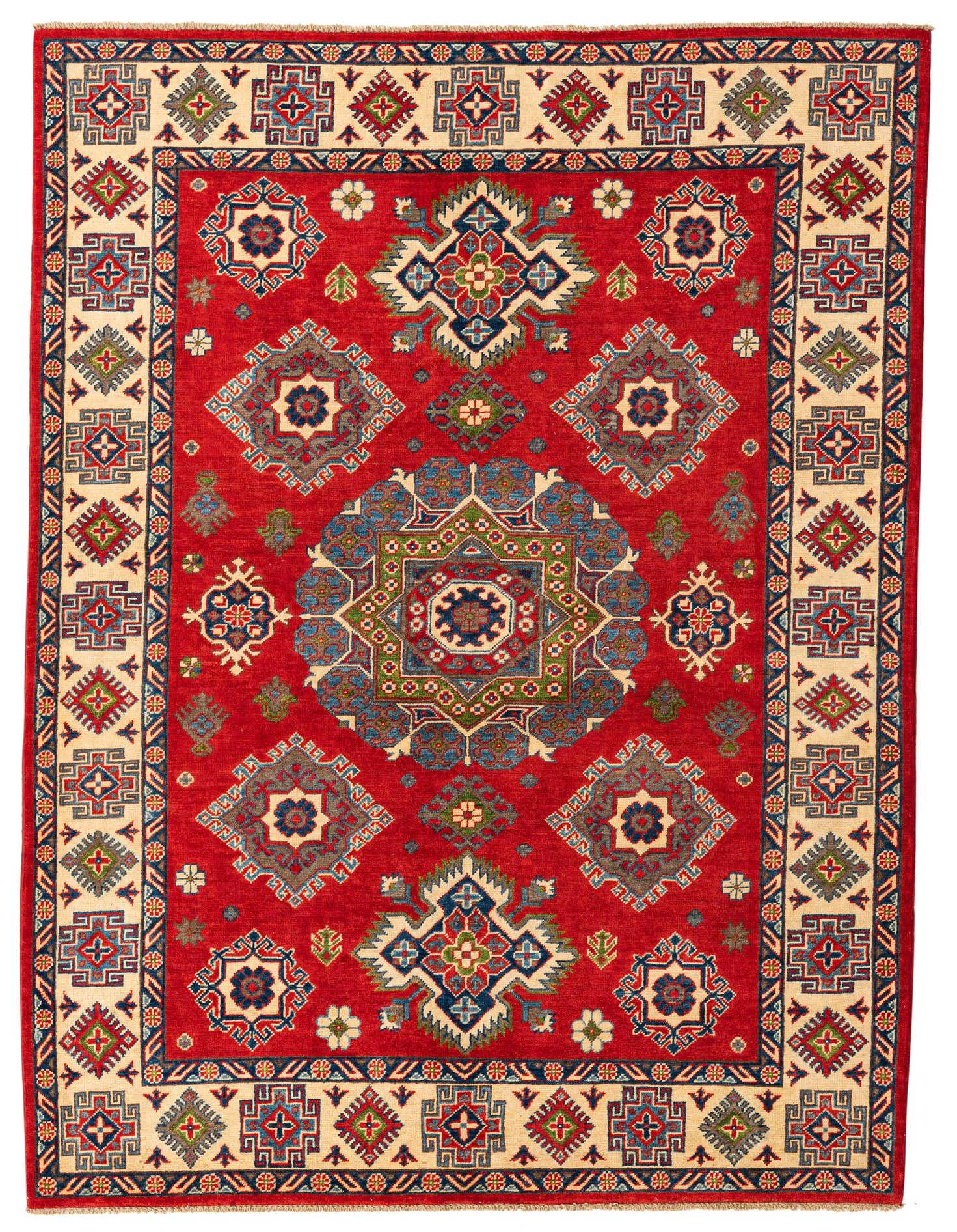 A 6x9 rectangular Kazak rug with a vibrant red field, ivory border, and intricate Southwestern medallion patterns in blue, green, and gold.