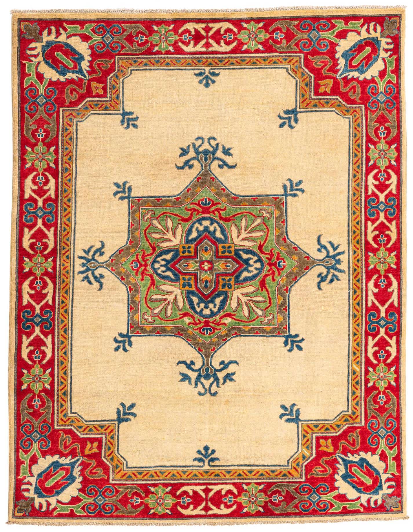 A 6x9 rectangular ivory rug with a bold red border and a colorful central medallion in a traditional style.
