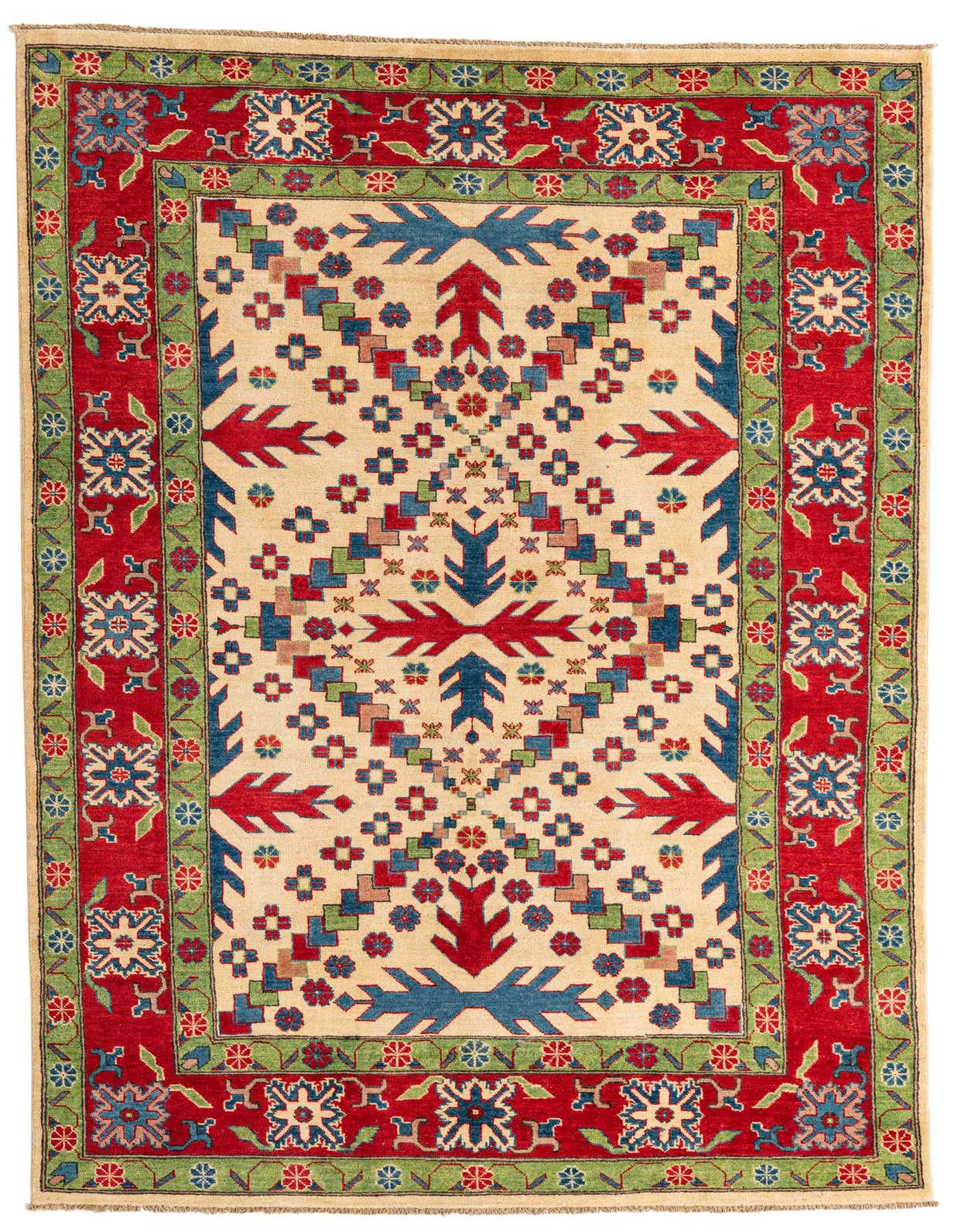 A 6x9 rectangular Rugs.com Kazak rug with an ivory field, red border, and colorful traditional patterns.