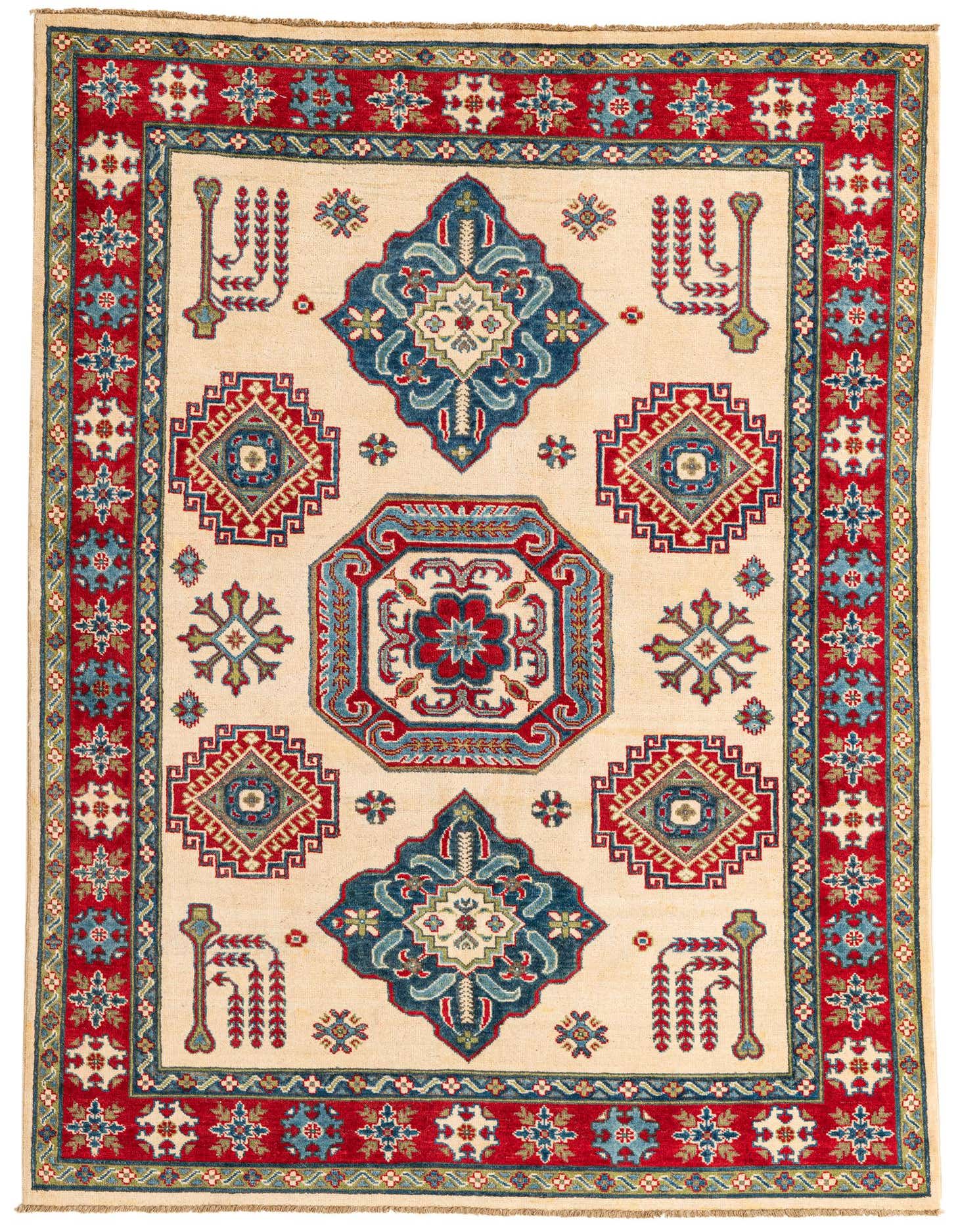 A 6x9 rectangular ivory traditional rug with a bold red border and intricate blue, red, and cream geometric patterns.