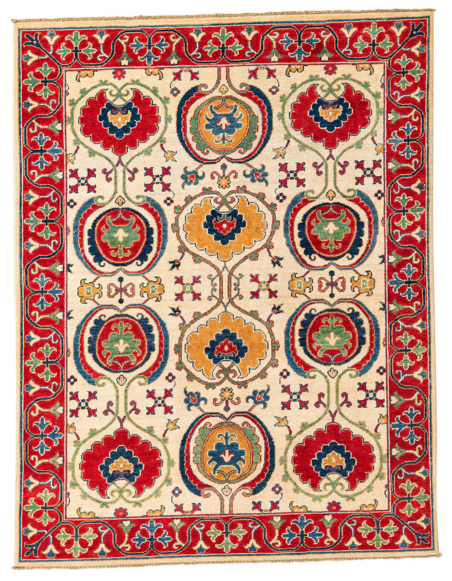 A 5x8 rectangular ivory Oriental rug with a vibrant red border and colorful floral medallions in blue, green, and gold.