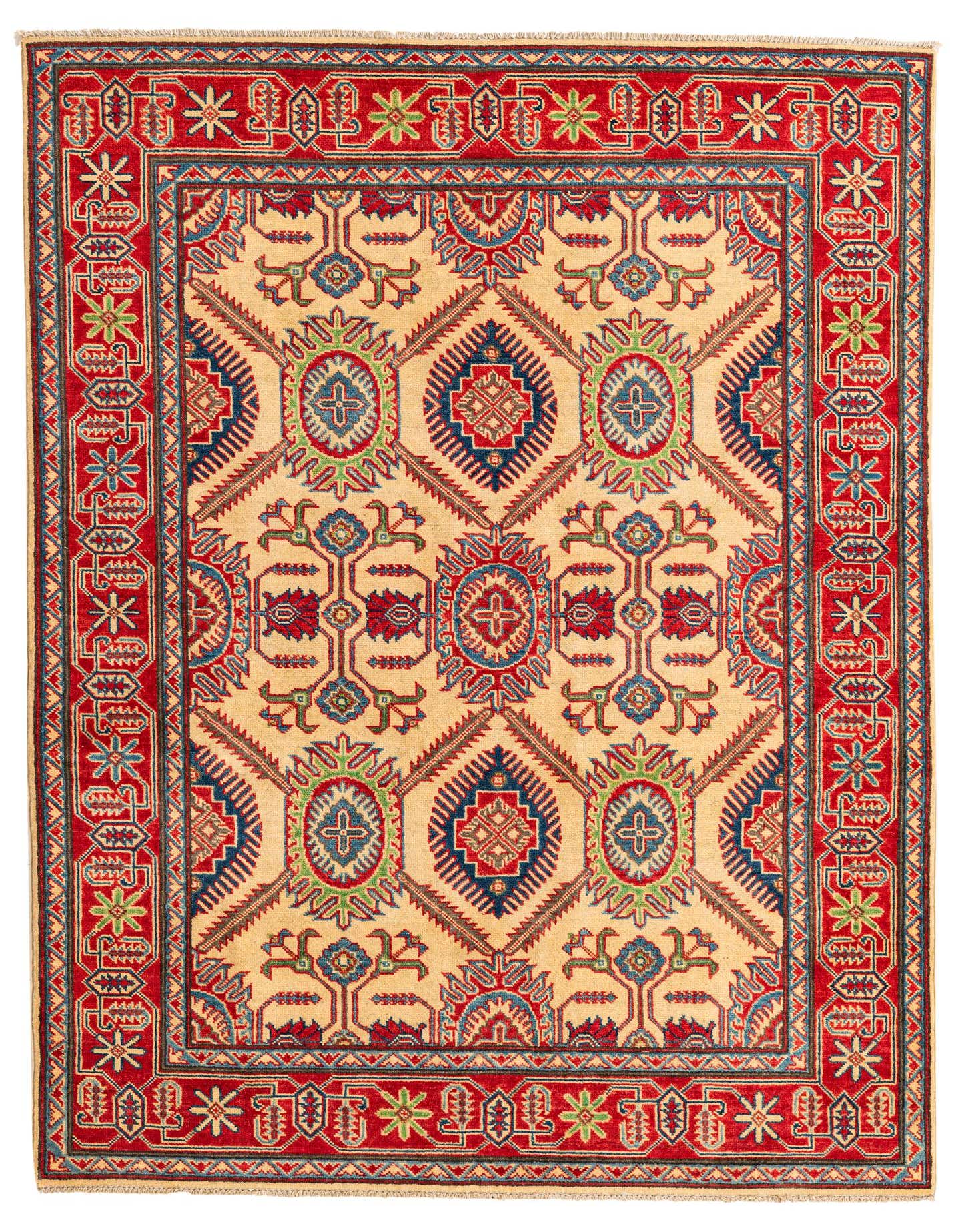 A 5x7 rectangular Rugs.com Kazak rug with an ivory field and a red border, featuring traditional Southwestern and Oriental patterns in blue, green, and red.