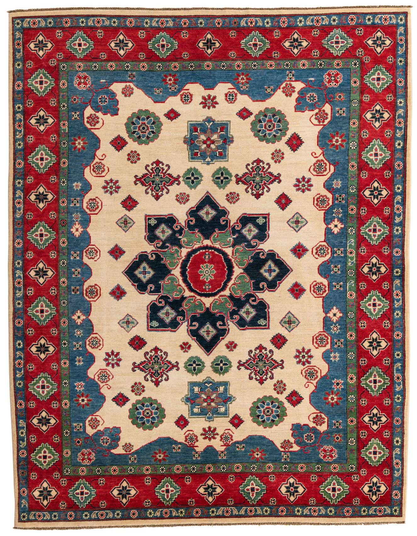 A 7x10 rectangular ivory rug with a large central medallion and intricate floral patterns in red, blue, and green, featuring a bold red border.