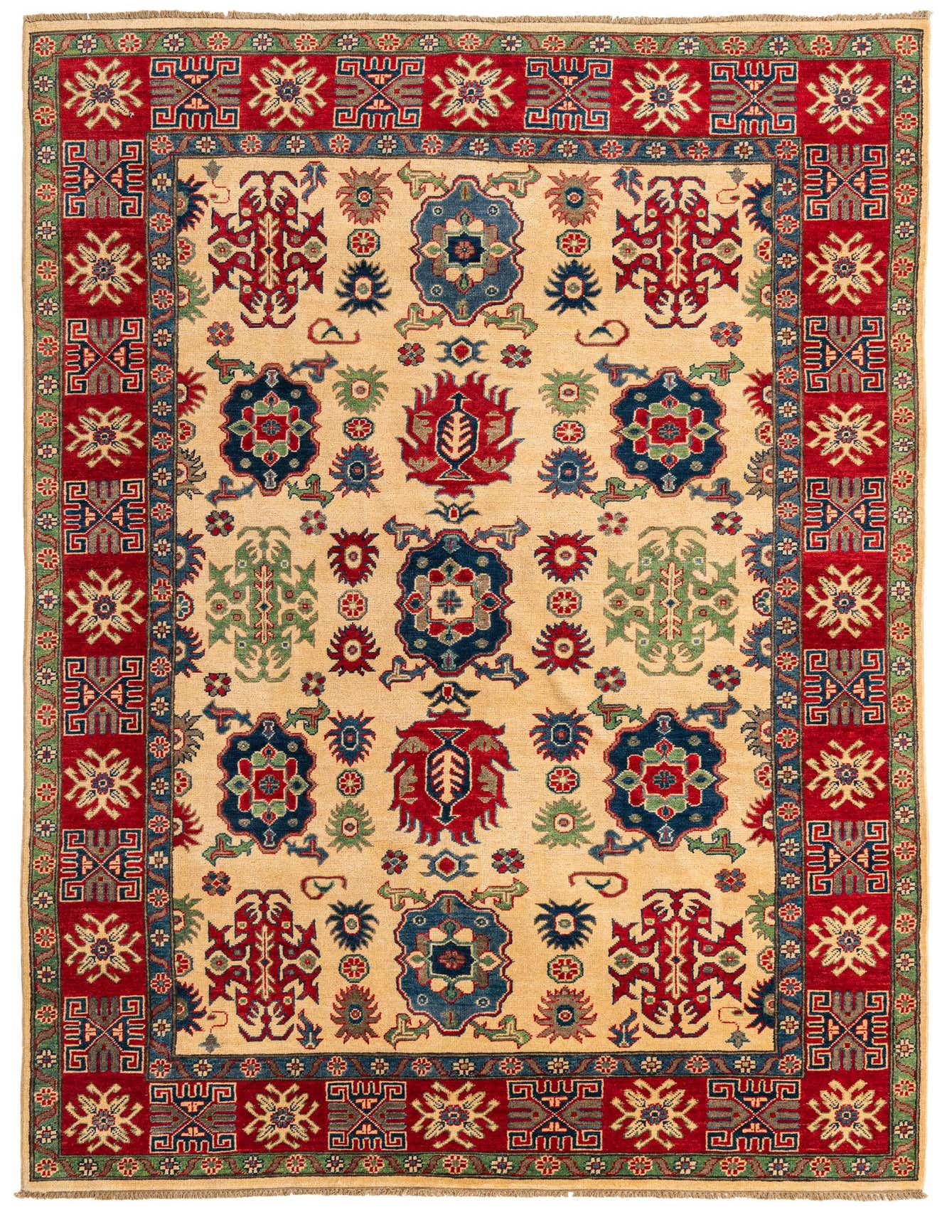 A 6x9 rectangular ivory Kazak rug with traditional Southwestern and Oriental patterns in red, blue, and green.