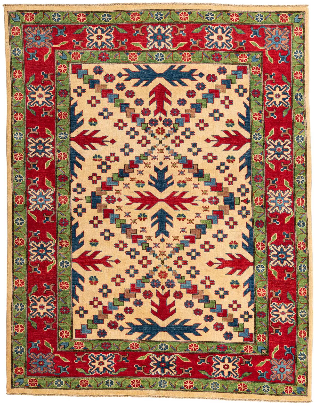 A rectangular 6x9 ivory wool rug with a traditional Southwestern pattern, featuring a red border and colorful geometric motifs.