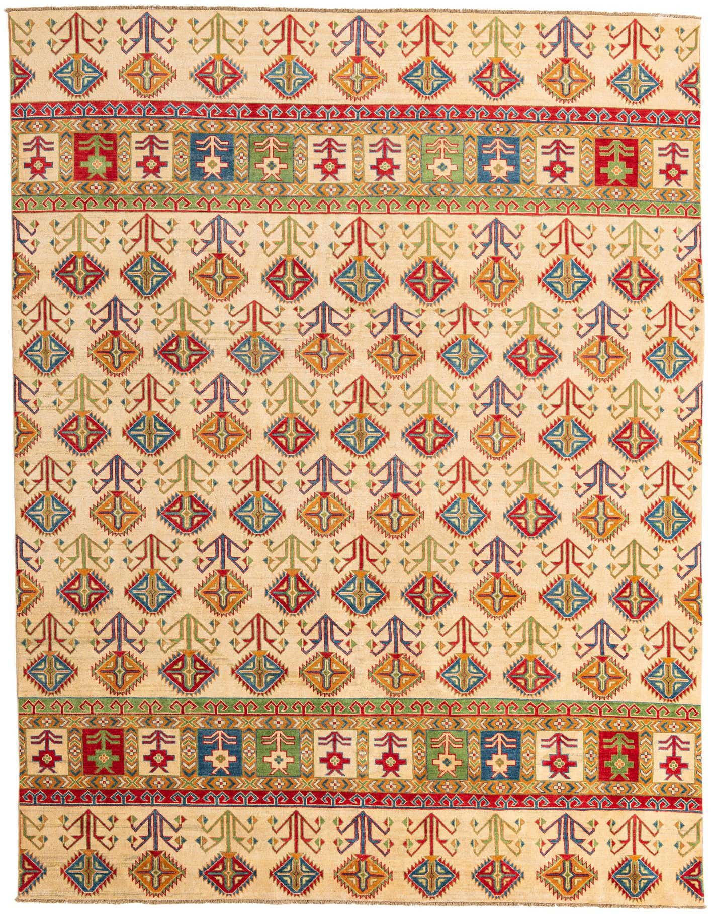 An 8x12 rectangular ivory rug with a traditional Southwestern pattern featuring red, blue, green, and gold geometric motifs.