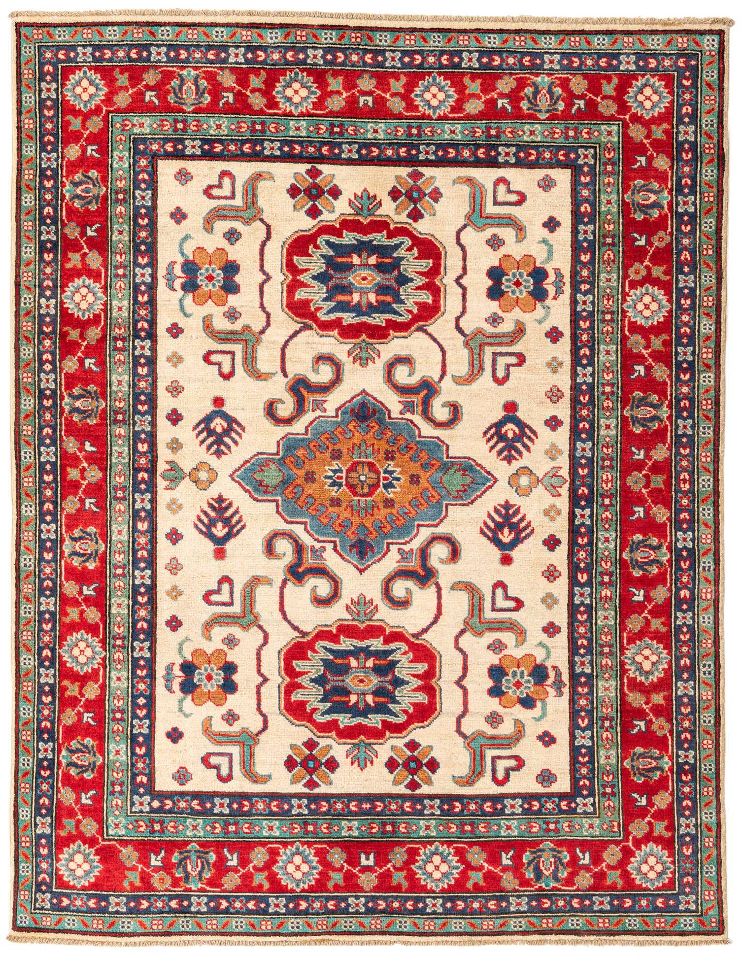 A 5x7 rectangular ivory rug with a central medallion and traditional Southwestern patterns in red, blue, and orange.