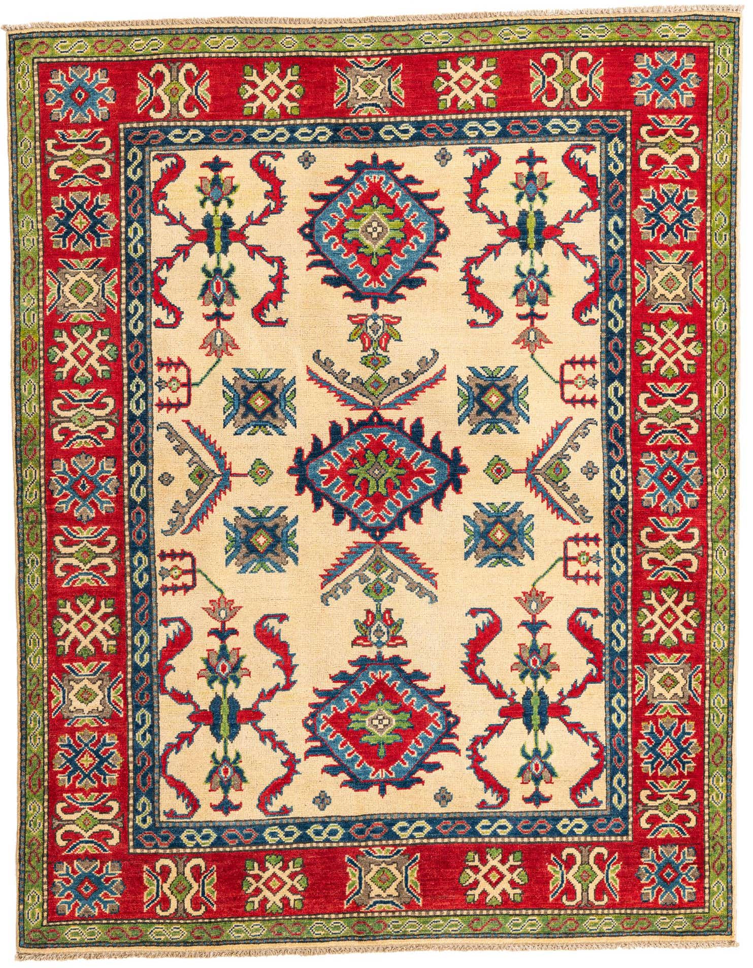 A 5x7 rectangular ivory rug with a traditional Southwestern medallion pattern and a bold red border, perfect for an indoor living space.