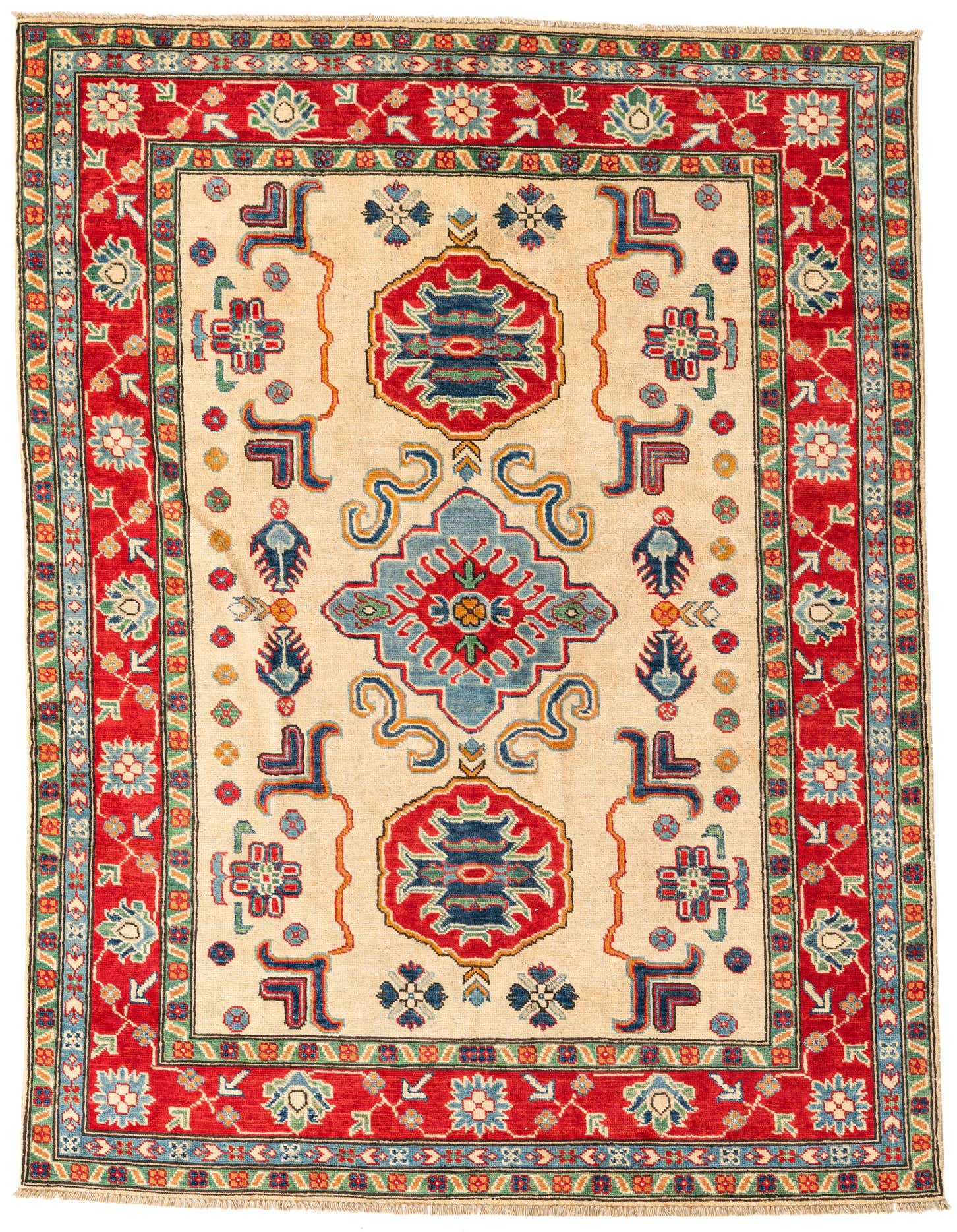 A 5x7 rectangular ivory rug with a vibrant red border and traditional Southwestern medallion patterns in blue, red, and gold.