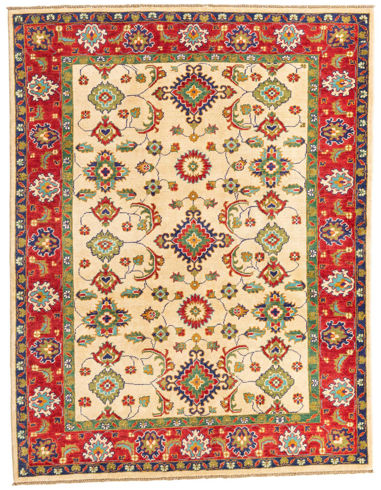 A 5x7 rectangular ivory rug with a traditional Southwestern medallion pattern and a red border, handmade from wool.