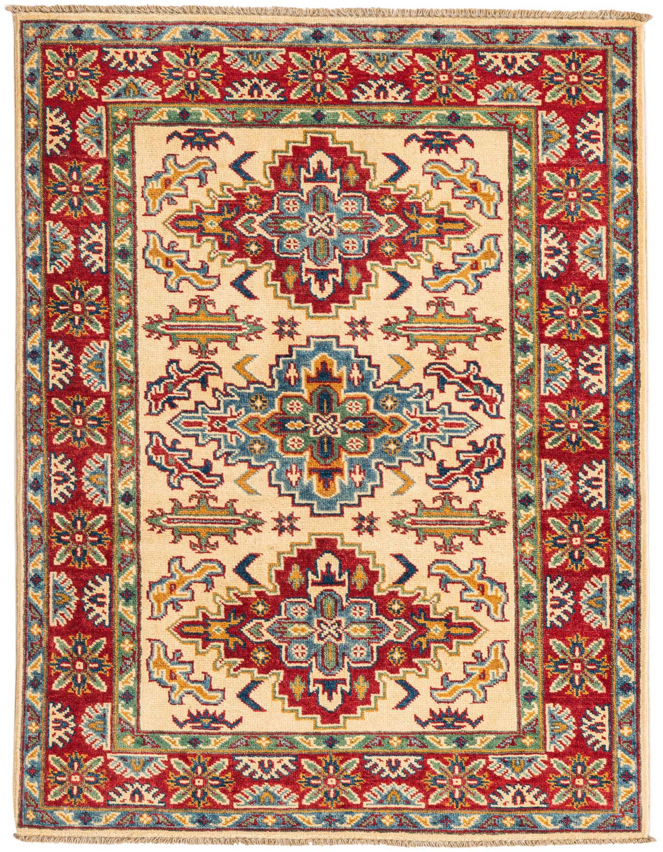 A 3x5 rectangular ivory and red traditional Kazak rug with a central medallion and floral border.