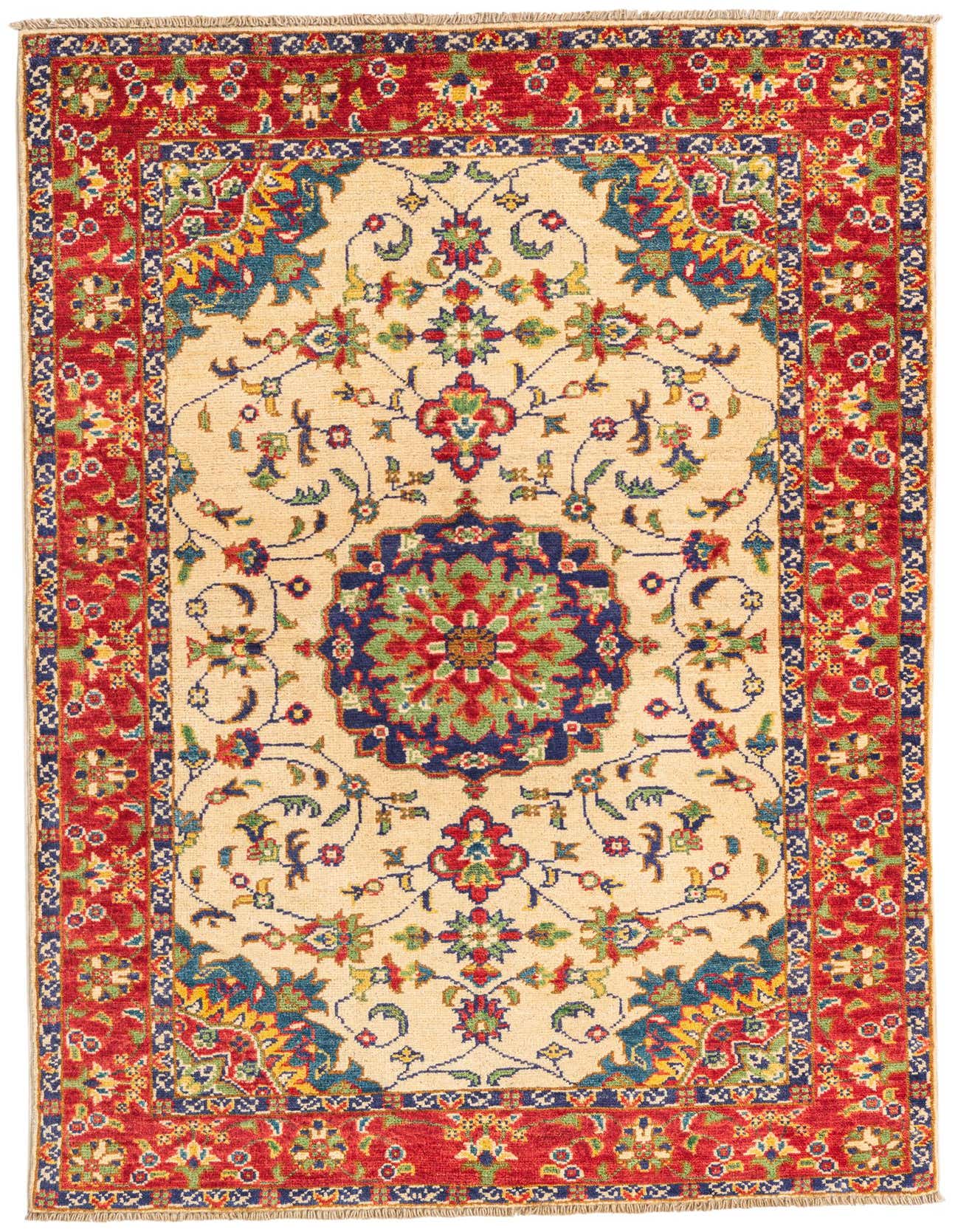 A 3x5 rectangular ivory rug with a red border and intricate traditional medallion pattern, featuring blue, green, and yellow accents.