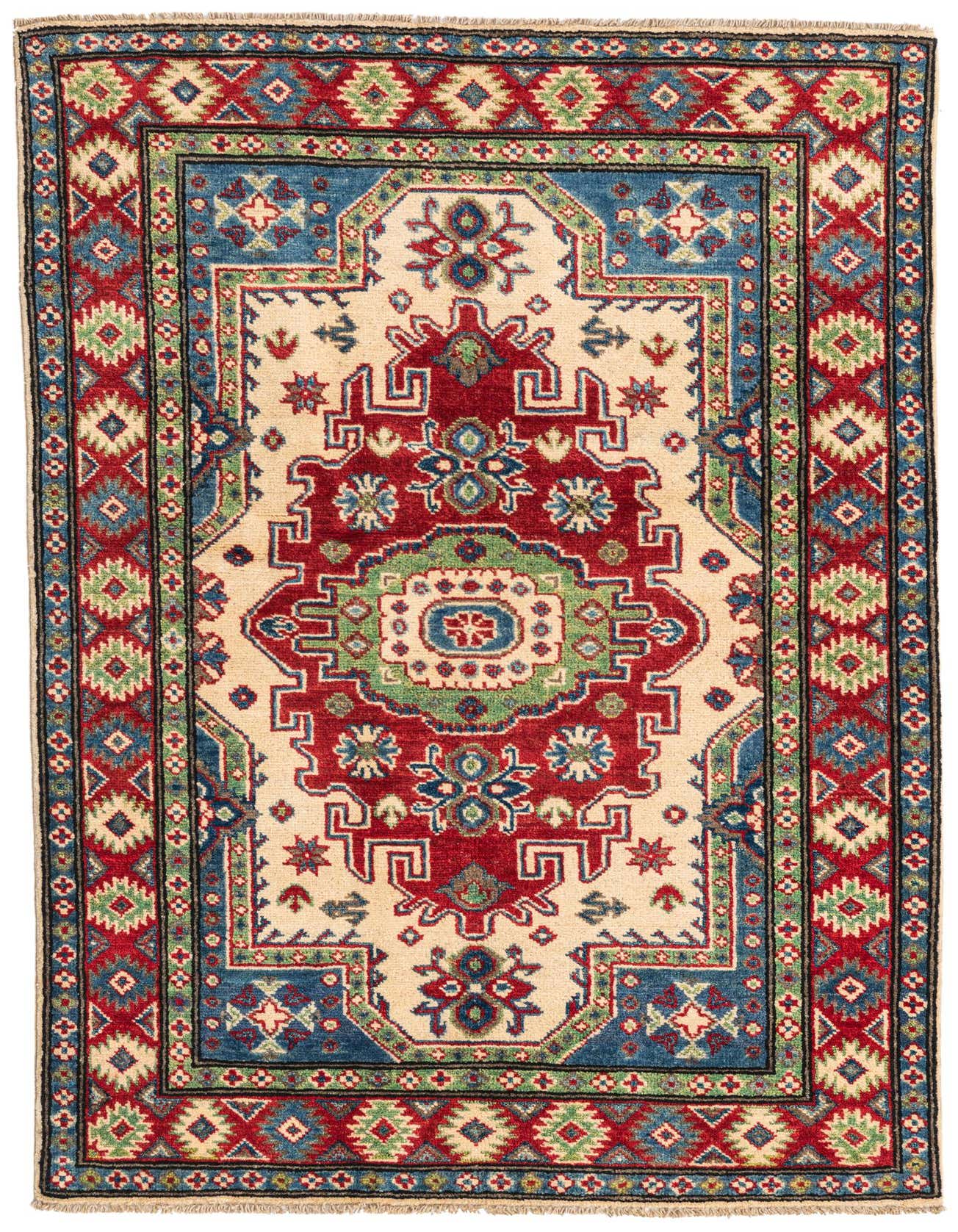 A 3x5 rectangular Kazak rug with a central medallion in red, blue, and green on an ivory field, framed by a detailed border.