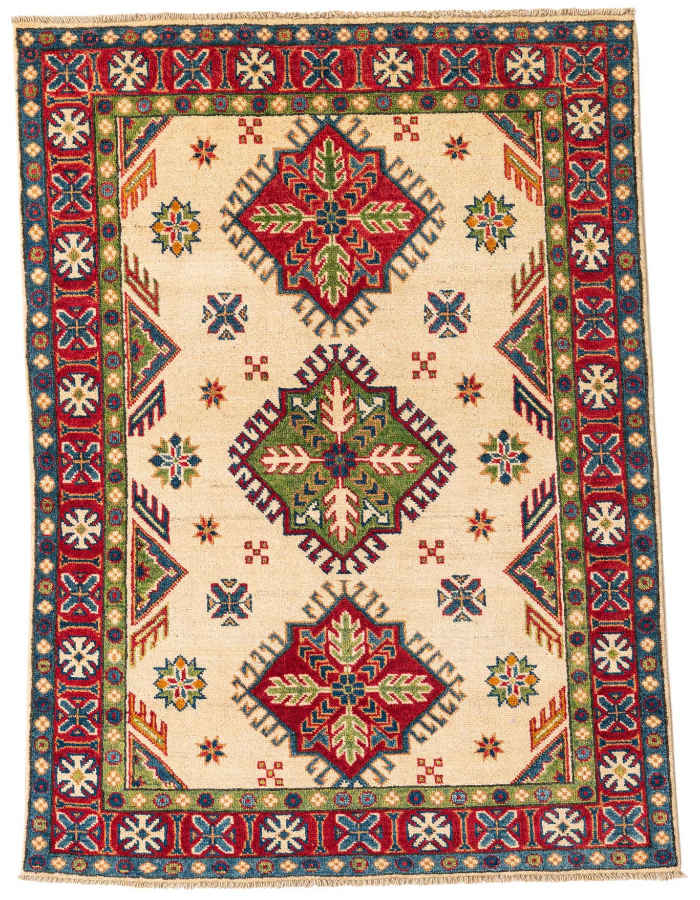 A 3x5 rectangular ivory rug with a traditional Southwestern medallion pattern in red, blue, and green.