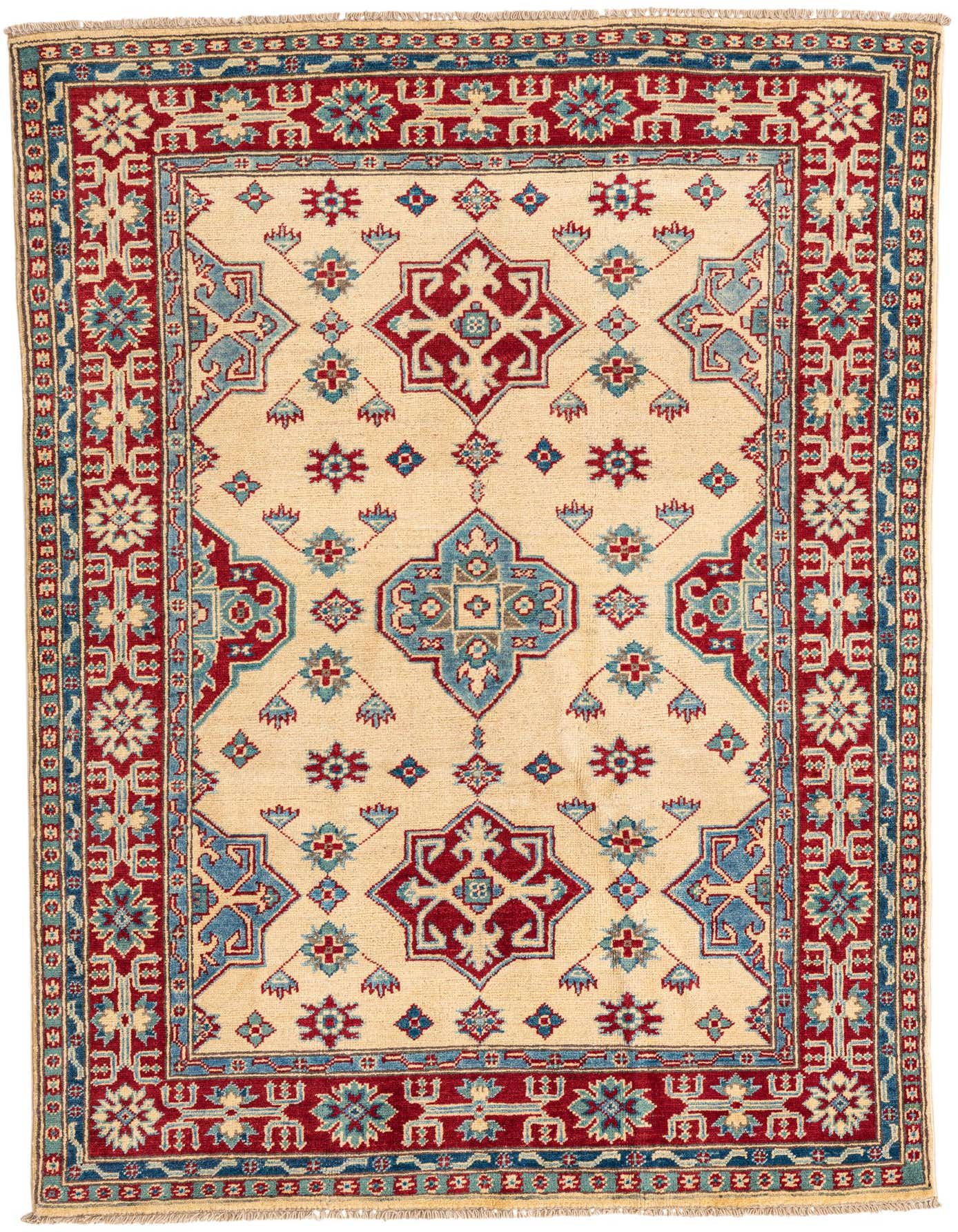 A 4x6 rectangular ivory rug with traditional Southwestern and Oriental patterns in deep red and light blue.
