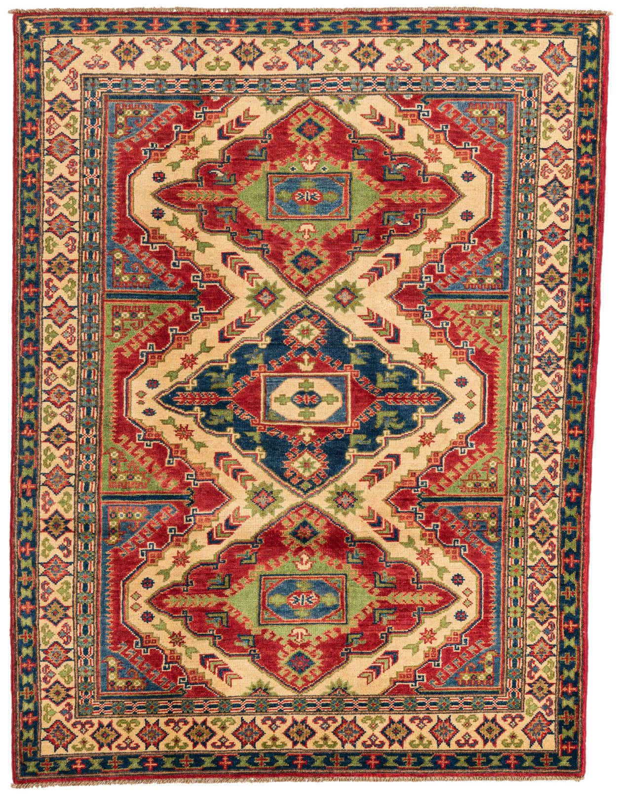 A 4x6 rectangular Kazak rug with a traditional medallion pattern in ivory, red, blue, and green, suitable for a living room.