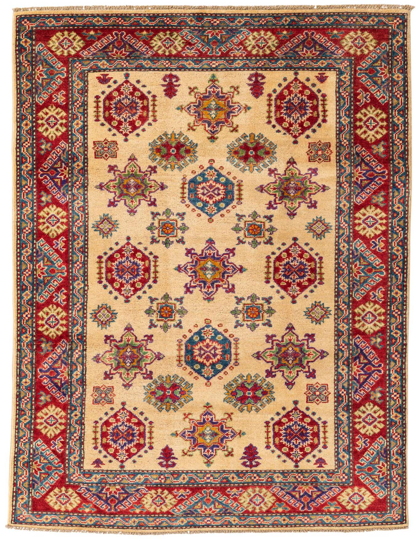 A 4x6 rectangular ivory rug with a traditional Southwestern pattern, featuring a red border and colorful geometric motifs.