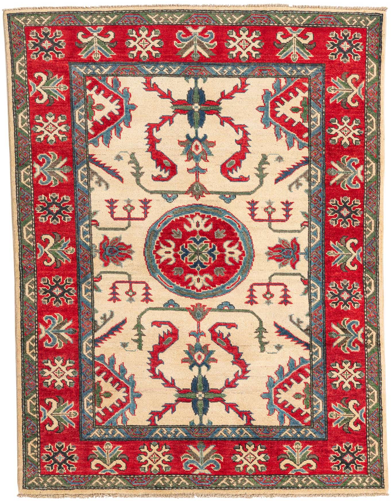 A 4x6 rectangular ivory Kazak rug with a central medallion and red, blue, and green traditional patterns.
