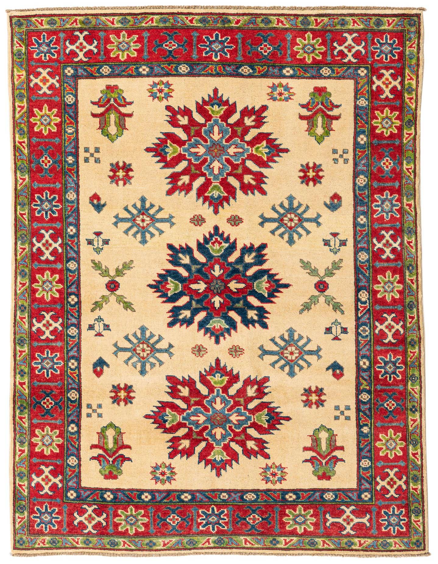 A 4x6 rectangular ivory wool rug with a traditional Southwestern medallion pattern in red, blue, and green, suitable for a living room.
