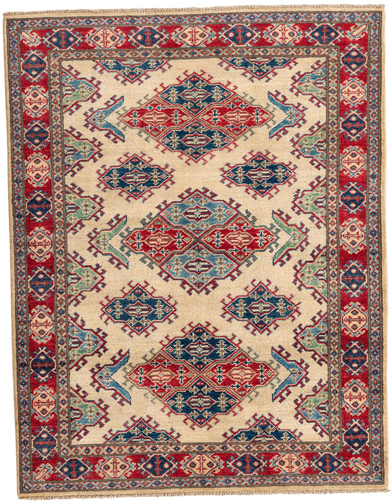 A 4x6 rectangular ivory Kazak rug with traditional Southwestern and Oriental patterns in red, blue, and green.