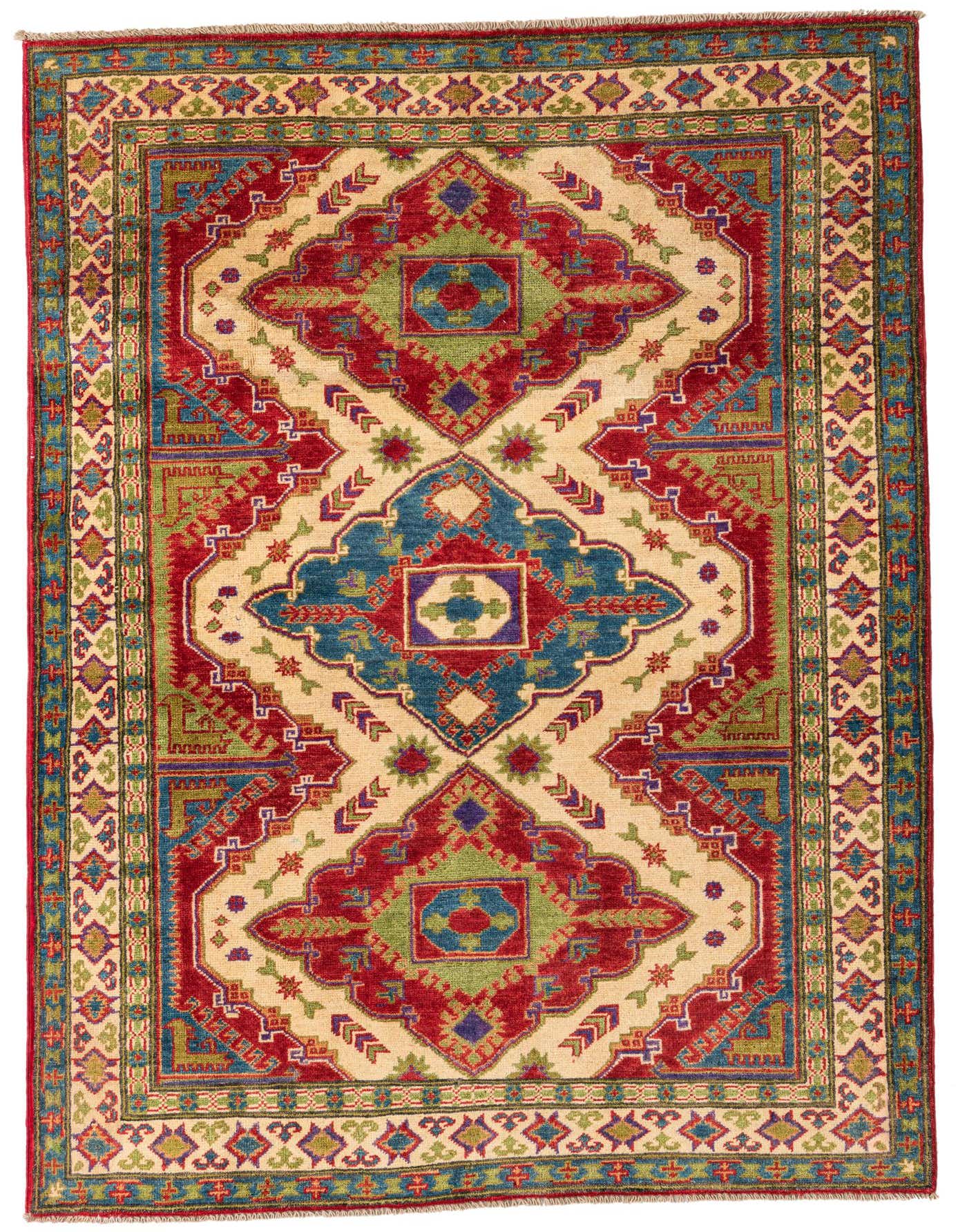 A 4x6 rectangular ivory rug with a traditional Southwestern medallion pattern in red, blue, green, and purple.