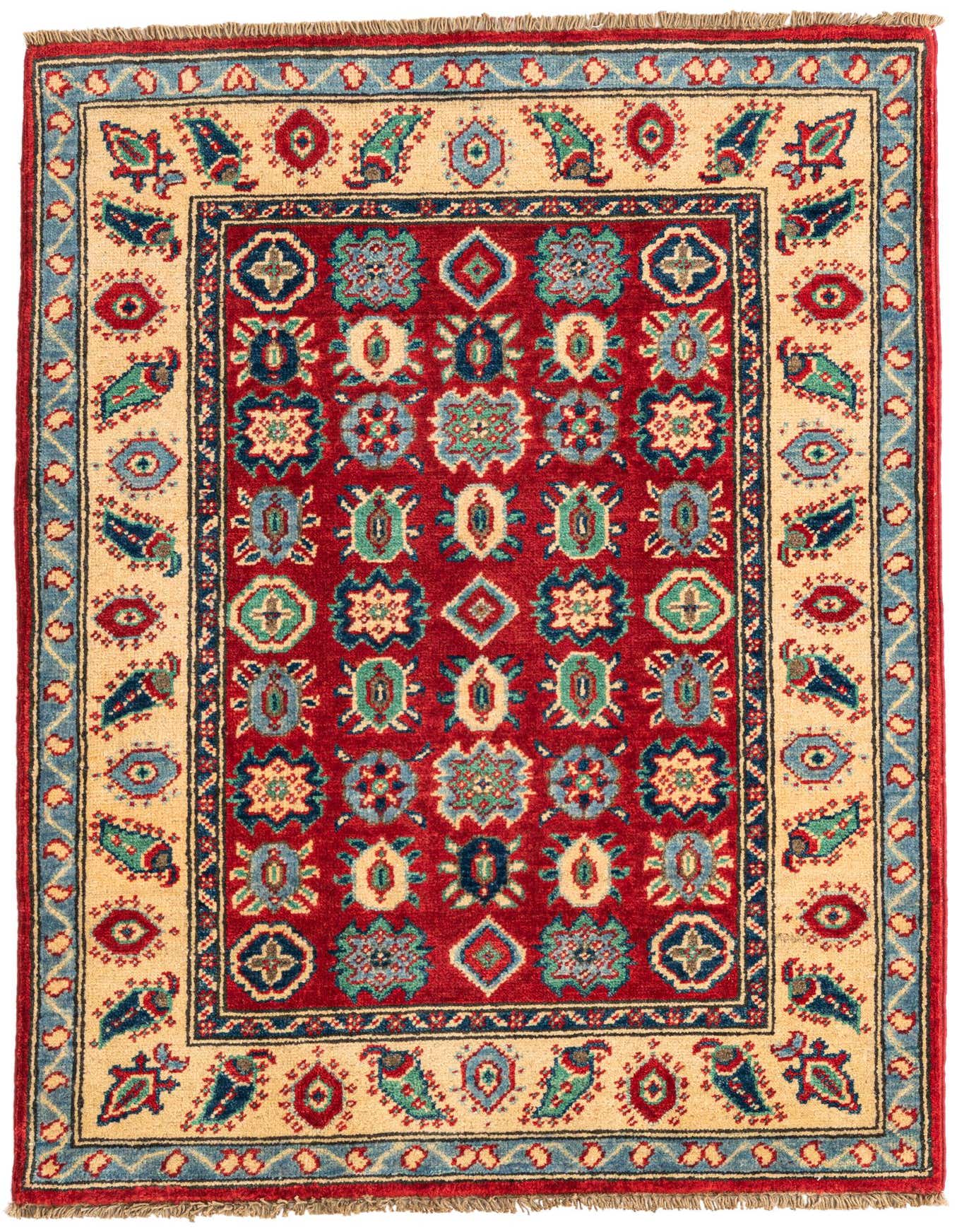 A rectangular 3x4 traditional Kazak rug featuring a bold red field with intricate medallion patterns in blue, green, and cream, surrounded by a wide ivory border with Southwestern motifs.